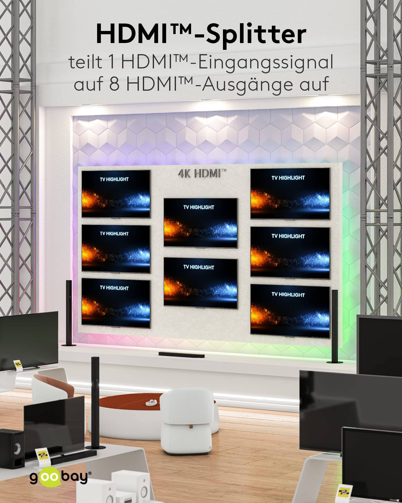 Goobay 58484 HDMI Splitter 1 in 8 out HDMI Kabel 4K @ 60Hz Hub HDMI Weiche 18 Gbit/s Verteiler 8 Monitore gleichzeitig-2
