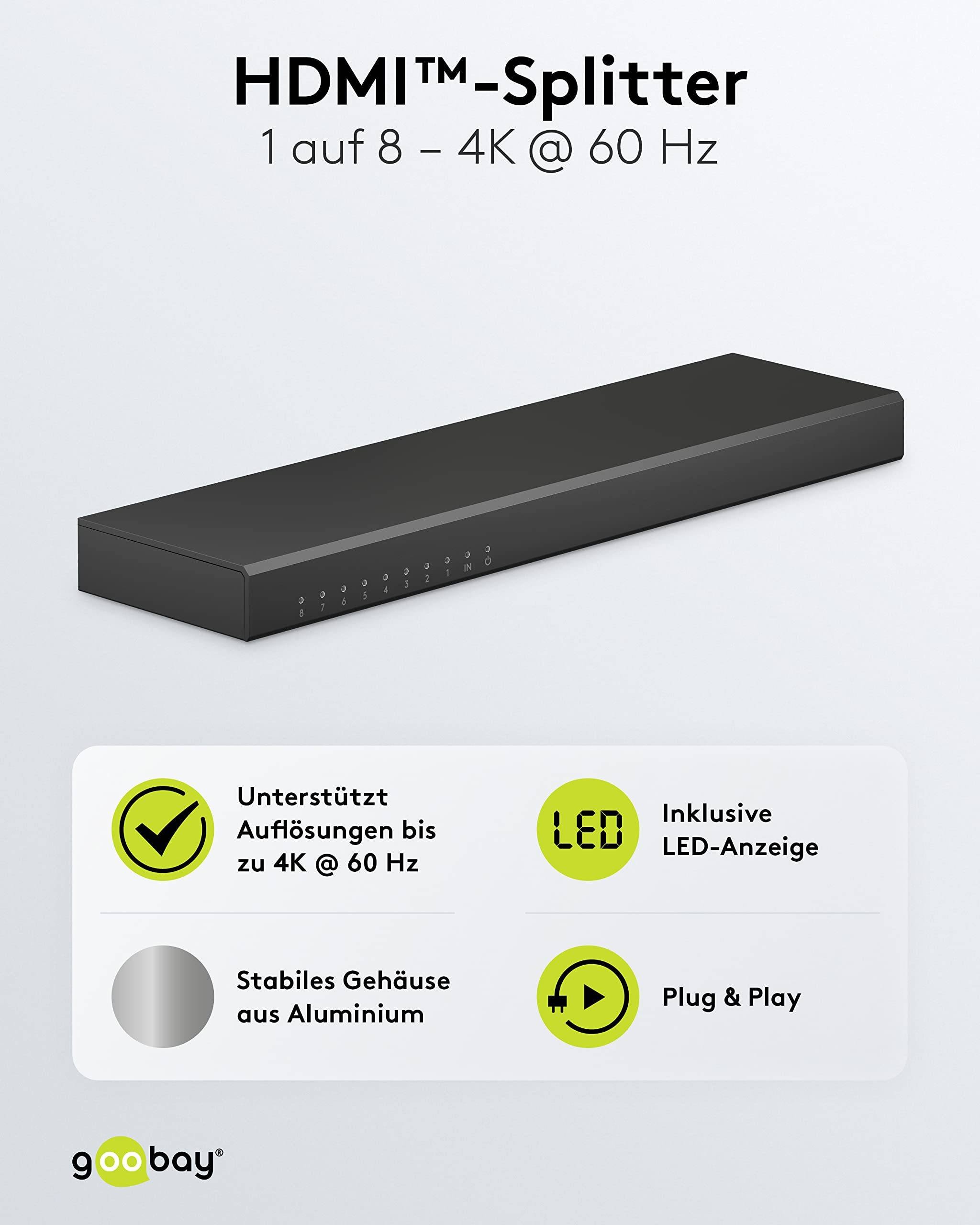 Goobay 58484 HDMI Splitter 1 in 8 out HDMI Kabel 4K @ 60Hz Hub HDMI Weiche 18 Gbit/s Verteiler 8 Monitore gleichzeitig-3