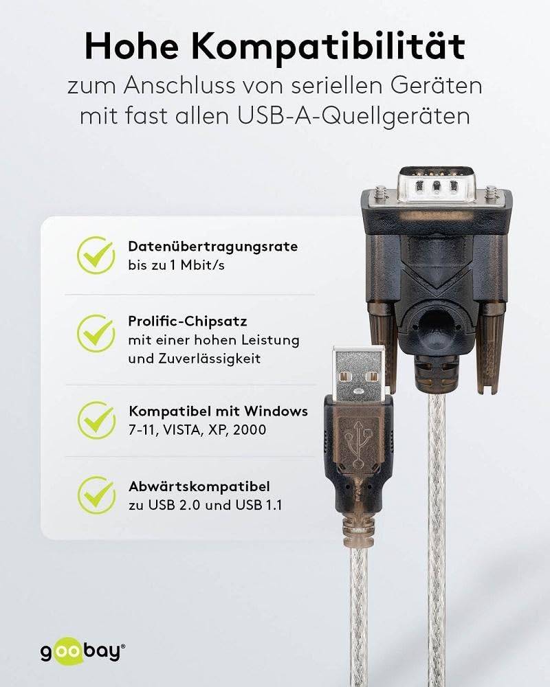 Goobay 68875 USB 2.0 Typ A auf D SUB RS-232 Stecker 9 polig / 1 Mbits USB seriell RS232 Konverter / Transparent / 1,5m-2