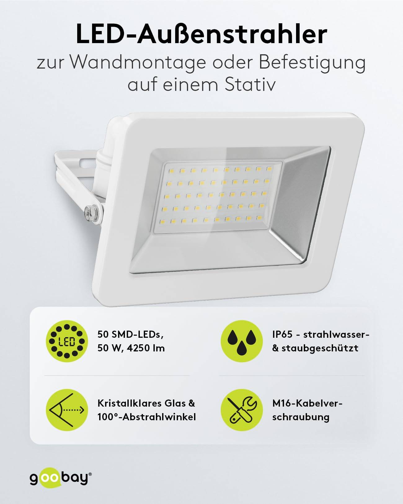 Goobay 53875 LED Strahler Außen 50W Außenstrahler 4250 lm / Scheinwerfer Wandmontage Fluter / IP56 Gartenstrahler / Weiß-1