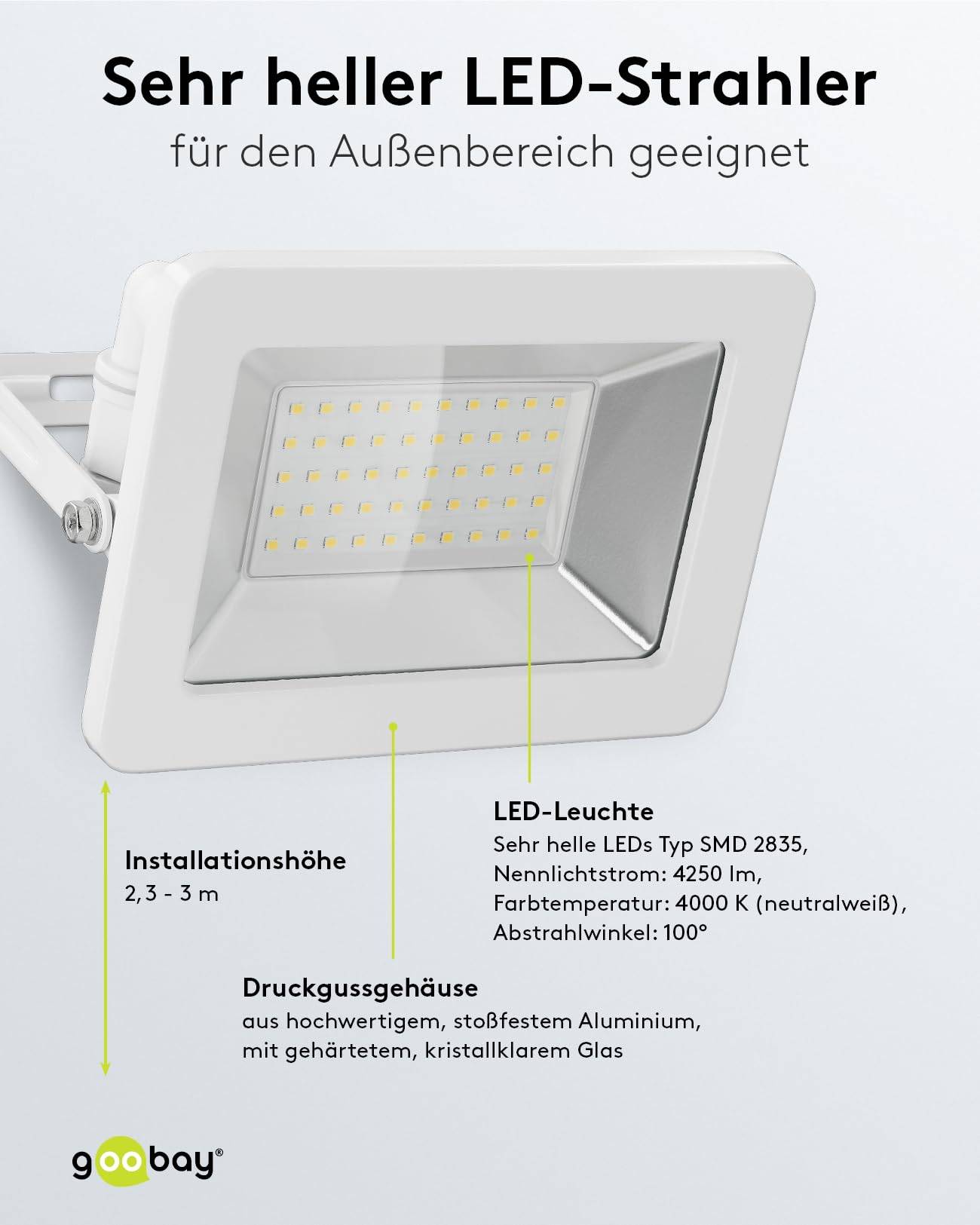 Goobay 53875 LED Strahler Außen 50W Außenstrahler 4250 lm / Scheinwerfer Wandmontage Fluter / IP56 Gartenstrahler / Weiß-3