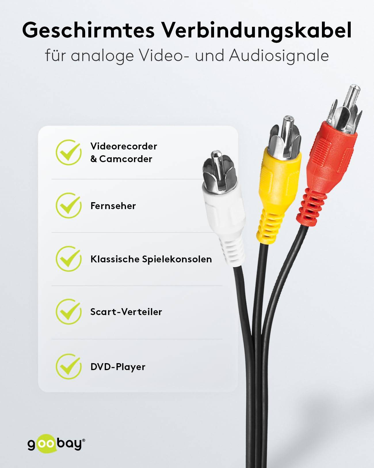 Goobay 50381 Composite Cinchkabel 3x Cinch-Stecker auf 3x Cinchstecker / geschirmt Subwoofer Cinch Kabel Schwarz / 2m-3