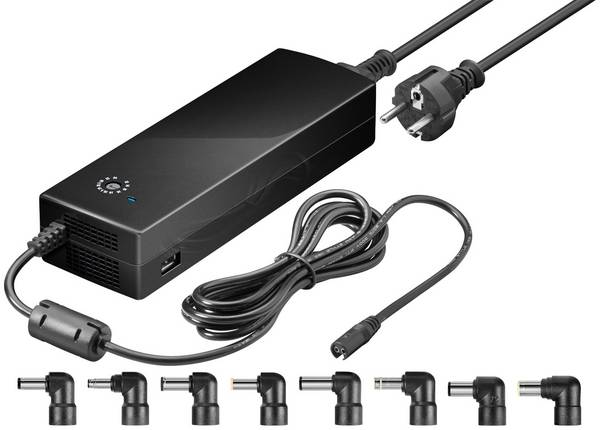 Goobay 55004 Universal Notebook Netzteil mit 12 V - 24 V, max. 134.5 W / 8.5 A Netzgerät inkl. 8x Adapter & USB, Schwarz