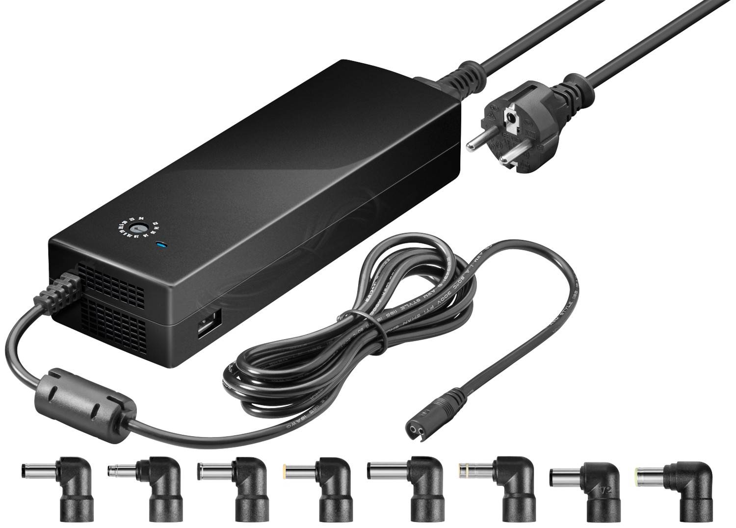 Goobay 55004 Universal Notebook Netzteil mit 12 V - 24 V, max. 134.5 W / 8.5 A Netzgerät inkl. 8x Adapter & USB, Schwarz-0