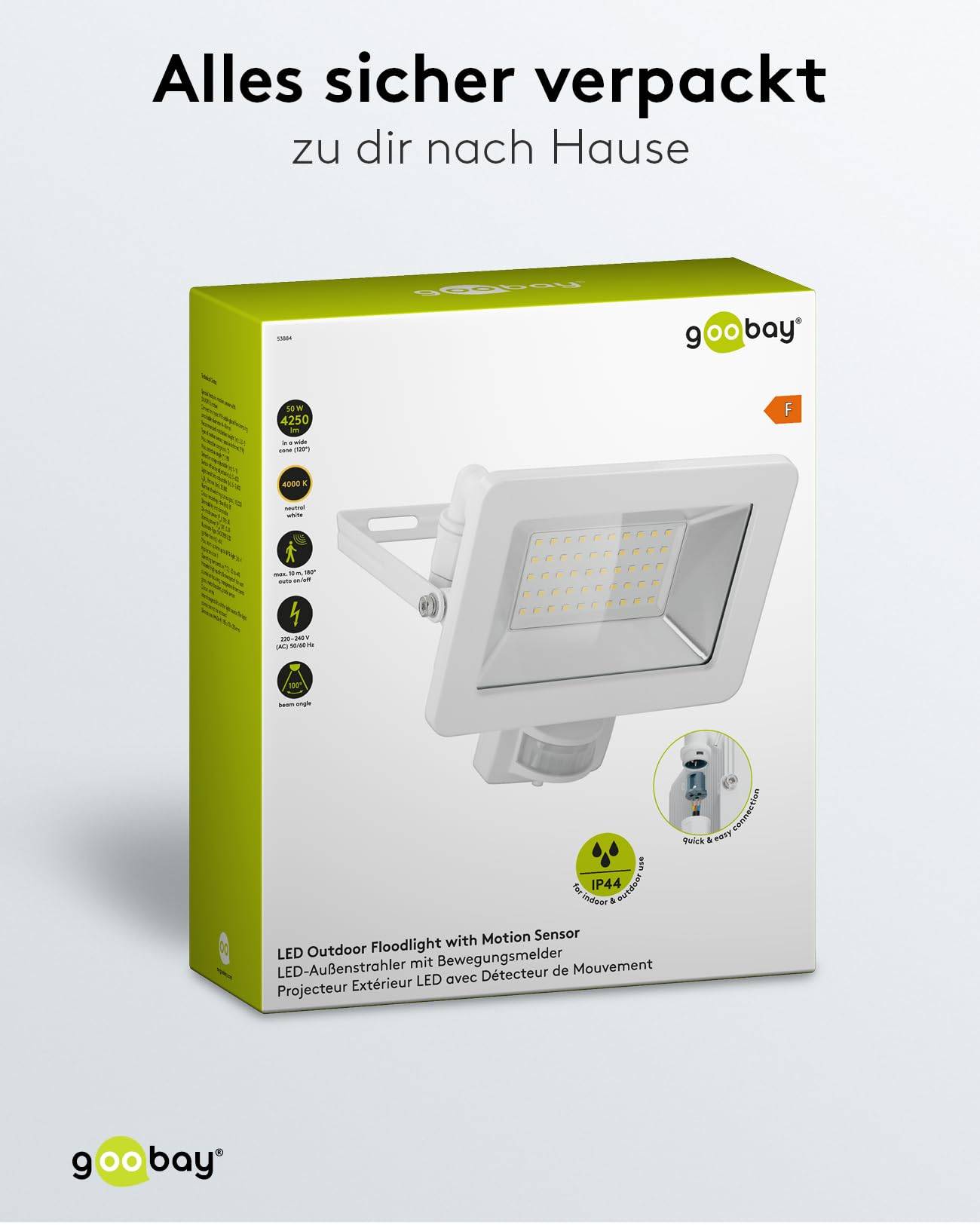 Goobay 53884 LED Außenstrahler Bewegungsmelder 50W / PIR Sensor / 4250lm Neutralweiß Scheinwerfer Außenleuchte / Weiß-6