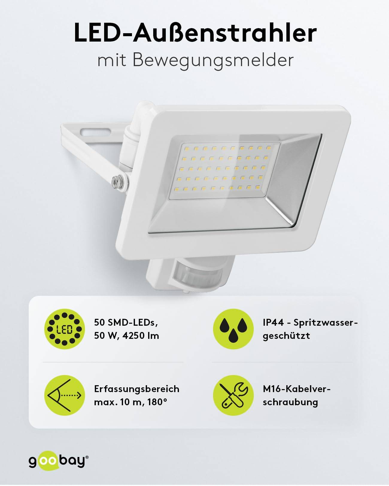 Goobay 53884 LED Außenstrahler Bewegungsmelder 50W / PIR Sensor / 4250lm Neutralweiß Scheinwerfer Außenleuchte / Weiß-1