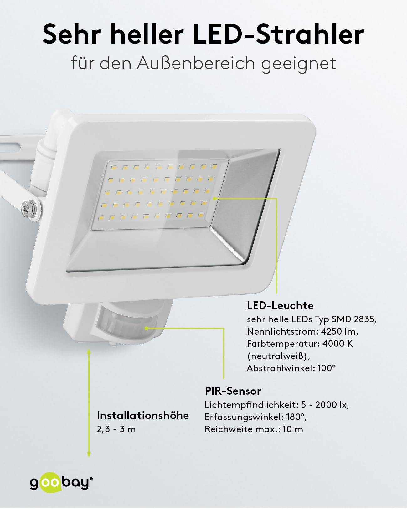 Goobay 53884 LED Außenstrahler Bewegungsmelder 50W / PIR Sensor / 4250lm Neutralweiß Scheinwerfer Außenleuchte / Weiß-3