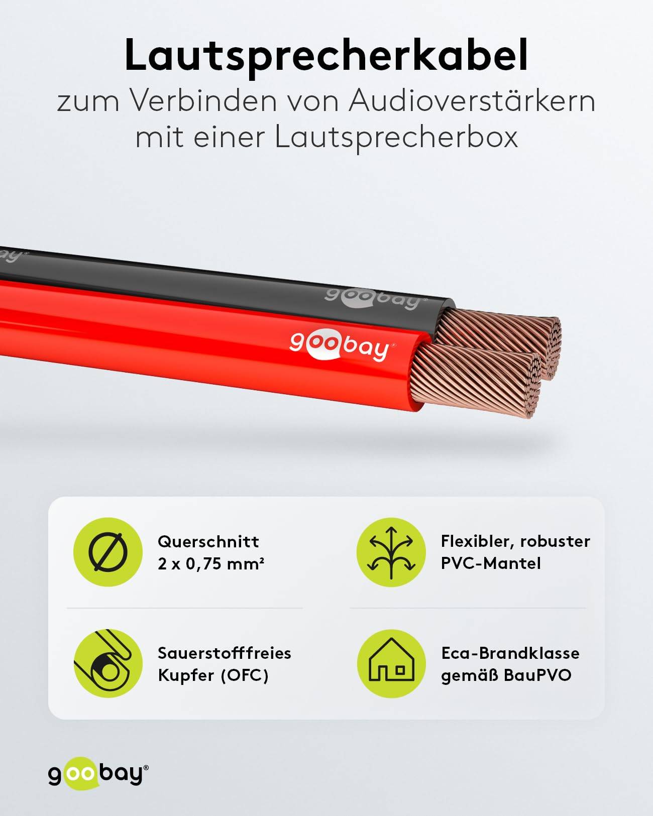 Goobay 15083 Lautsprecherkabel 2x 0,75 mm² Kupferlitze / Audiokabel Boxenkabel Kupferkabel Meterware / Rot Schwarz 100m-2