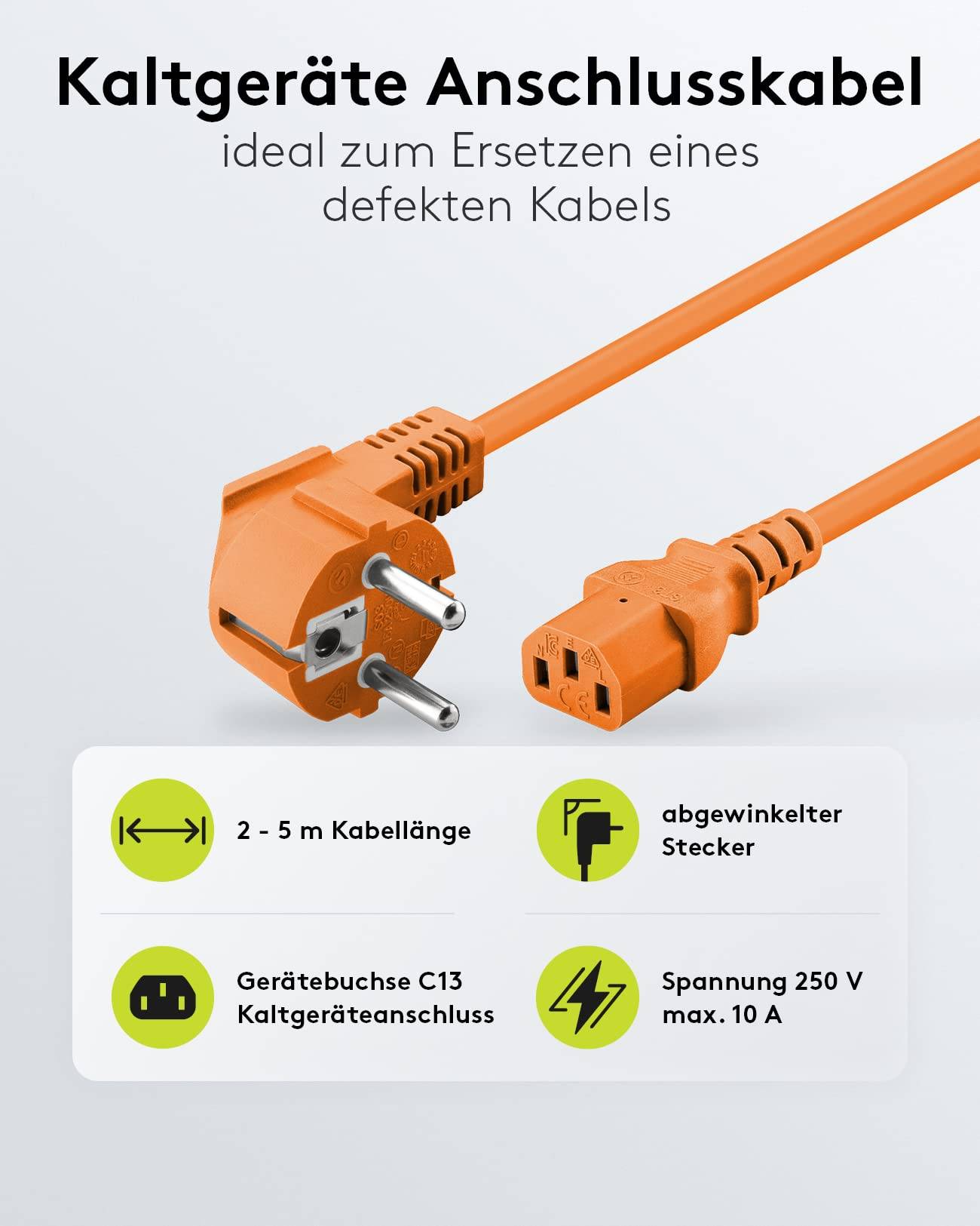 Goobay 95290 Kaltgerätekabel 90° gewinkelt / Schutzkontaktstecker & C13 Buchse / Stromkabel Netzkabel / Orange / 5m-2