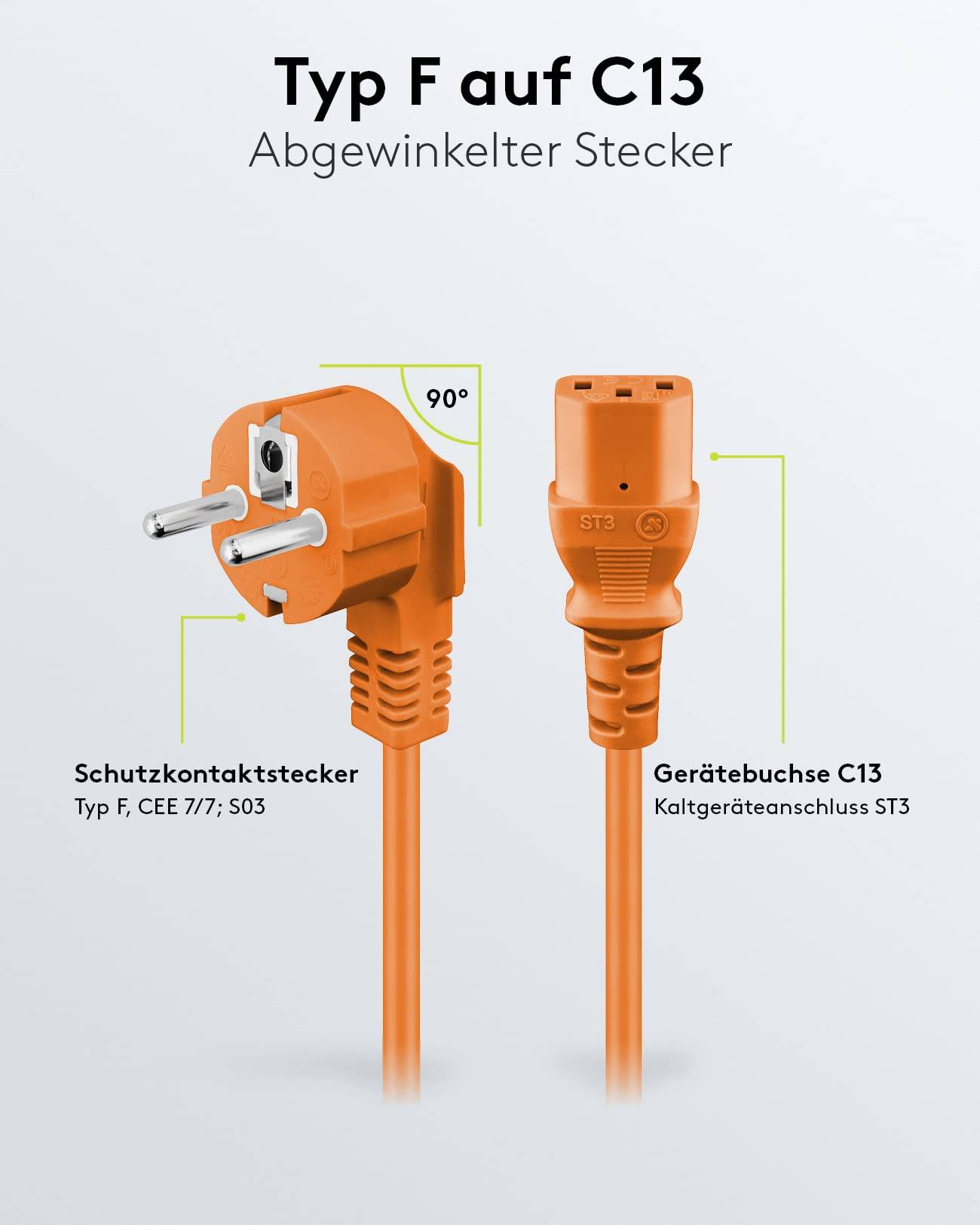 Goobay 95290 Kaltgerätekabel 90° gewinkelt / Schutzkontaktstecker & C13 Buchse / Stromkabel Netzkabel / Orange / 5m-3