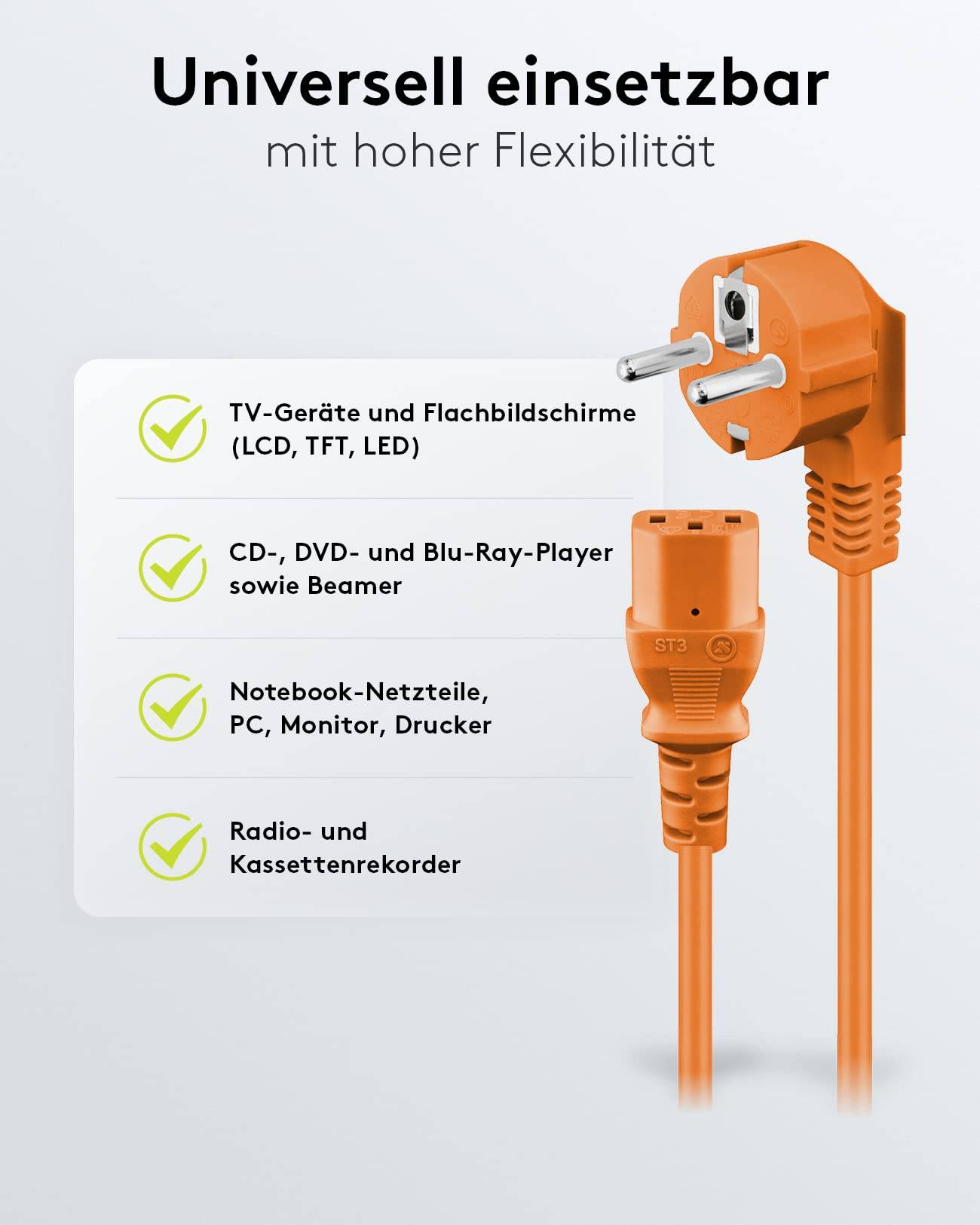 Goobay 95290 Kaltgerätekabel 90° gewinkelt / Schutzkontaktstecker & C13 Buchse / Stromkabel Netzkabel / Orange / 5m-4