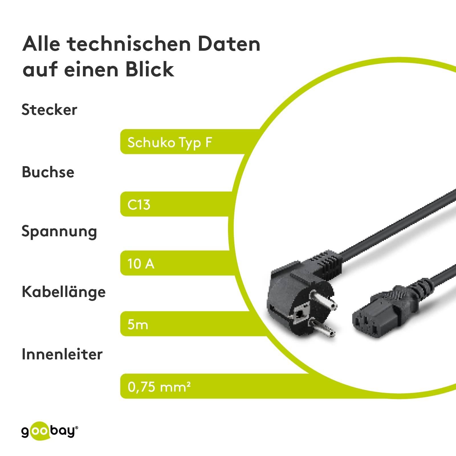 Goobay 51320 Kaltgerätekabel 90° gewinkelt / Schutzkontaktstecker & C13 Buchse / Stromkabel Netzkabel / Schwarz / 5m-4