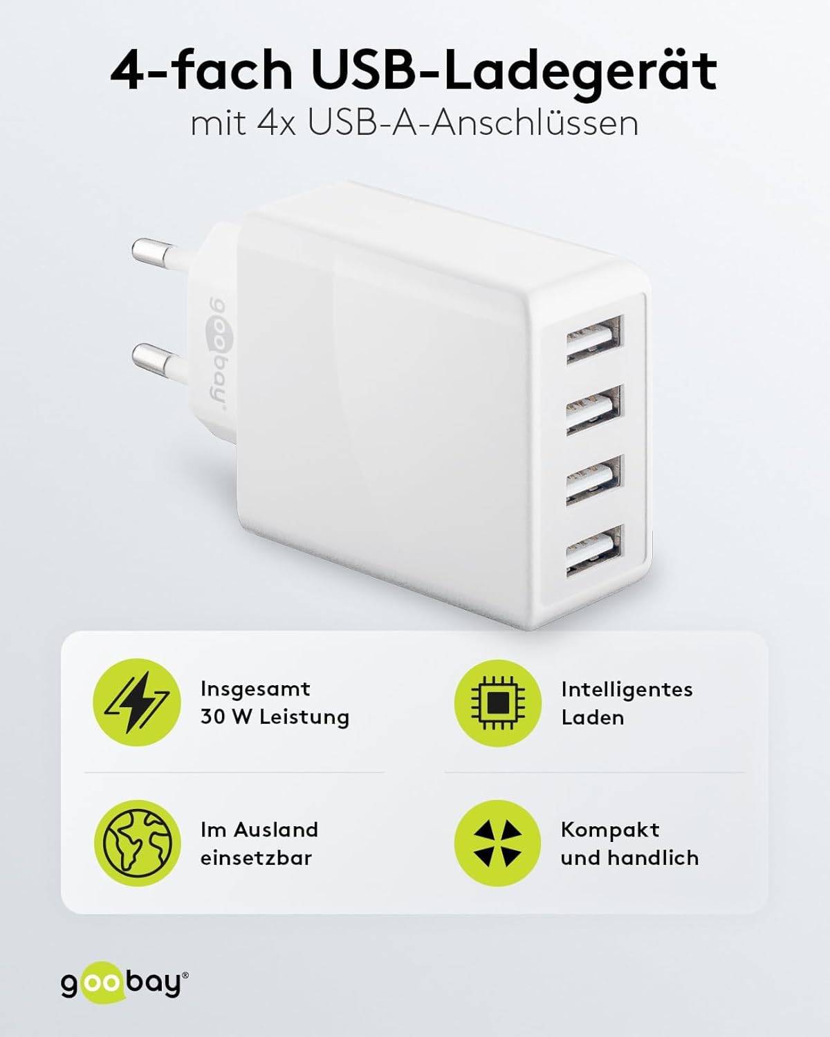 Goobay 44962 USB-A Netzteil 30W / 4fach Universal Ladegerät Apple Samsung / USB A Adapter / 4 Port Ladestecker / Weiß-1