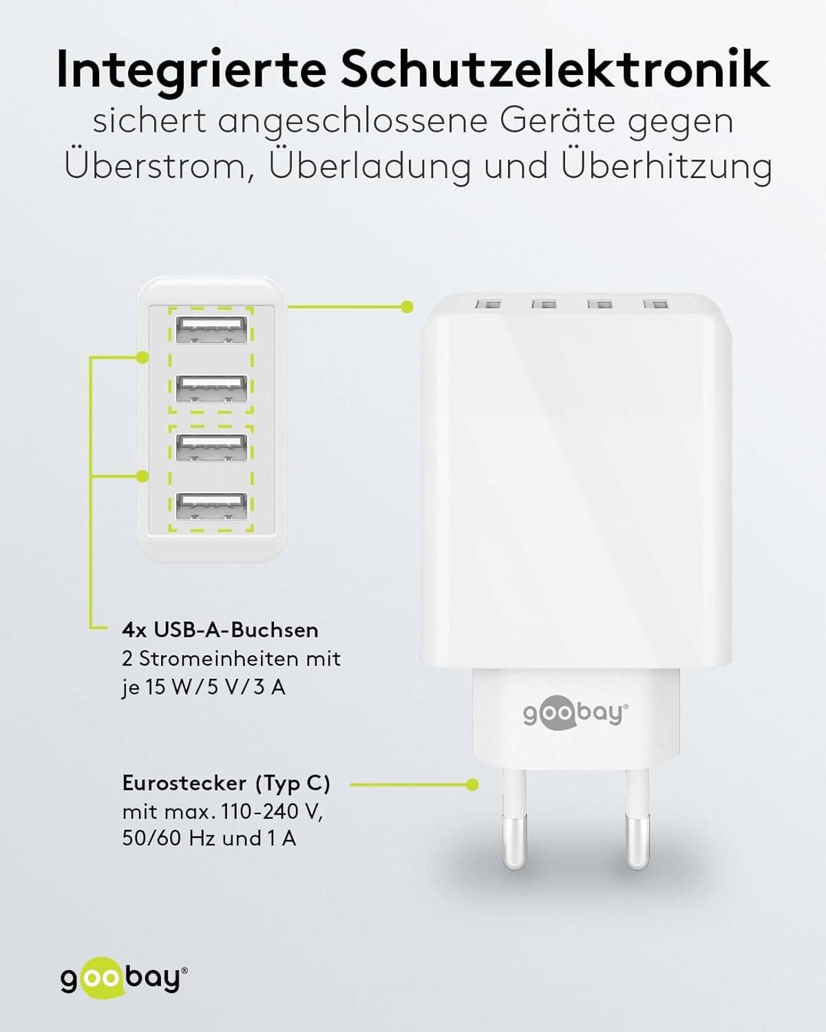 Goobay 44962 USB-A Netzteil 30W / 4fach Universal Ladegerät Apple Samsung / USB A Adapter / 4 Port Ladestecker / Weiß-3