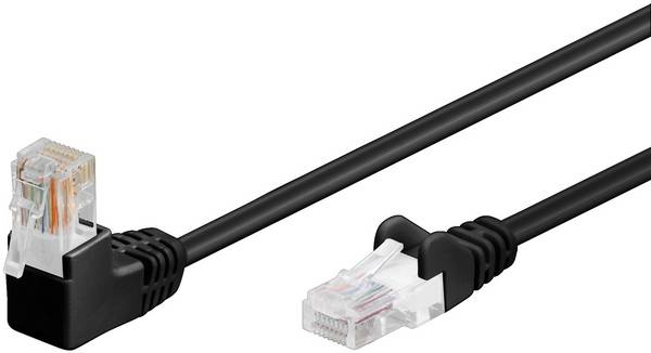 Goobay 94170 CAT 5e Netzwerkkabel U/UTP / 1x RJ45 Stecker 90 Grad gewinkelt / CCA Leiter Ethernet Kabel Schwarz / 0,5m