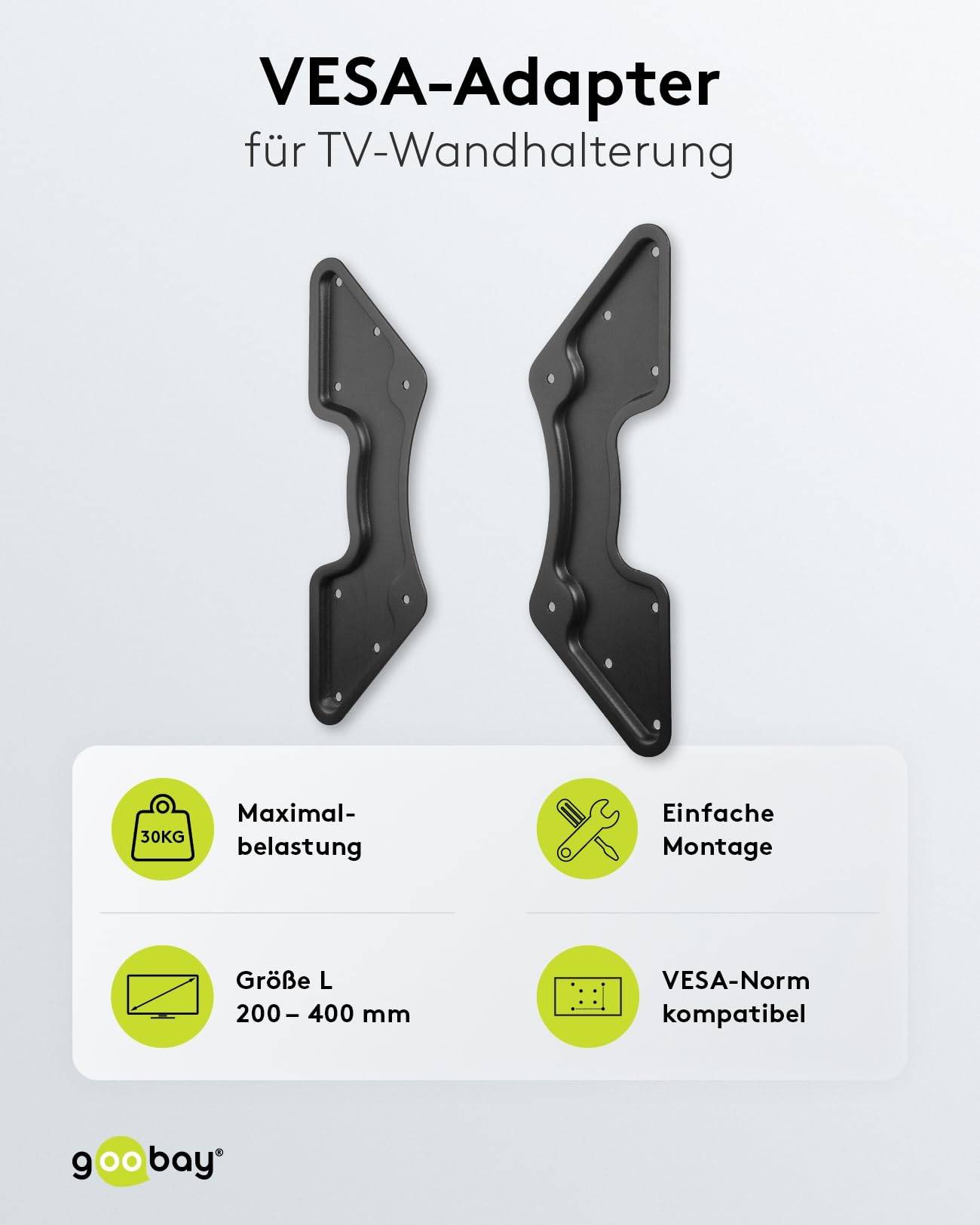 Goobay 60134 VESA-Adapter für TV-Wandhalterung, VESA-Adapterplatte erweitert Halterung auf 400x400 mm, bis 30 kg Schwarz-1
