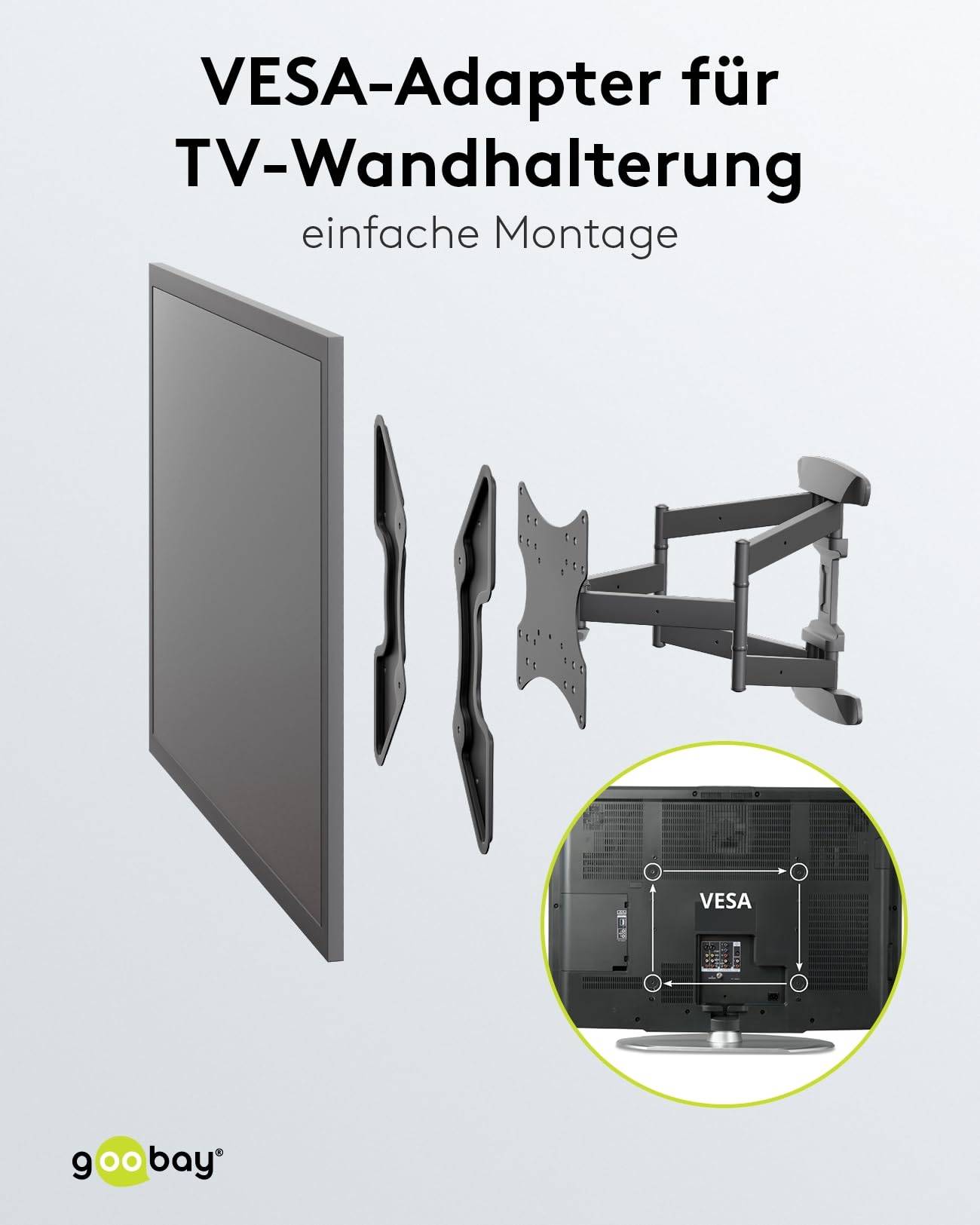 Goobay 60134 VESA-Adapter für TV-Wandhalterung, VESA-Adapterplatte erweitert Halterung auf 400x400 mm, bis 30 kg Schwarz-3
