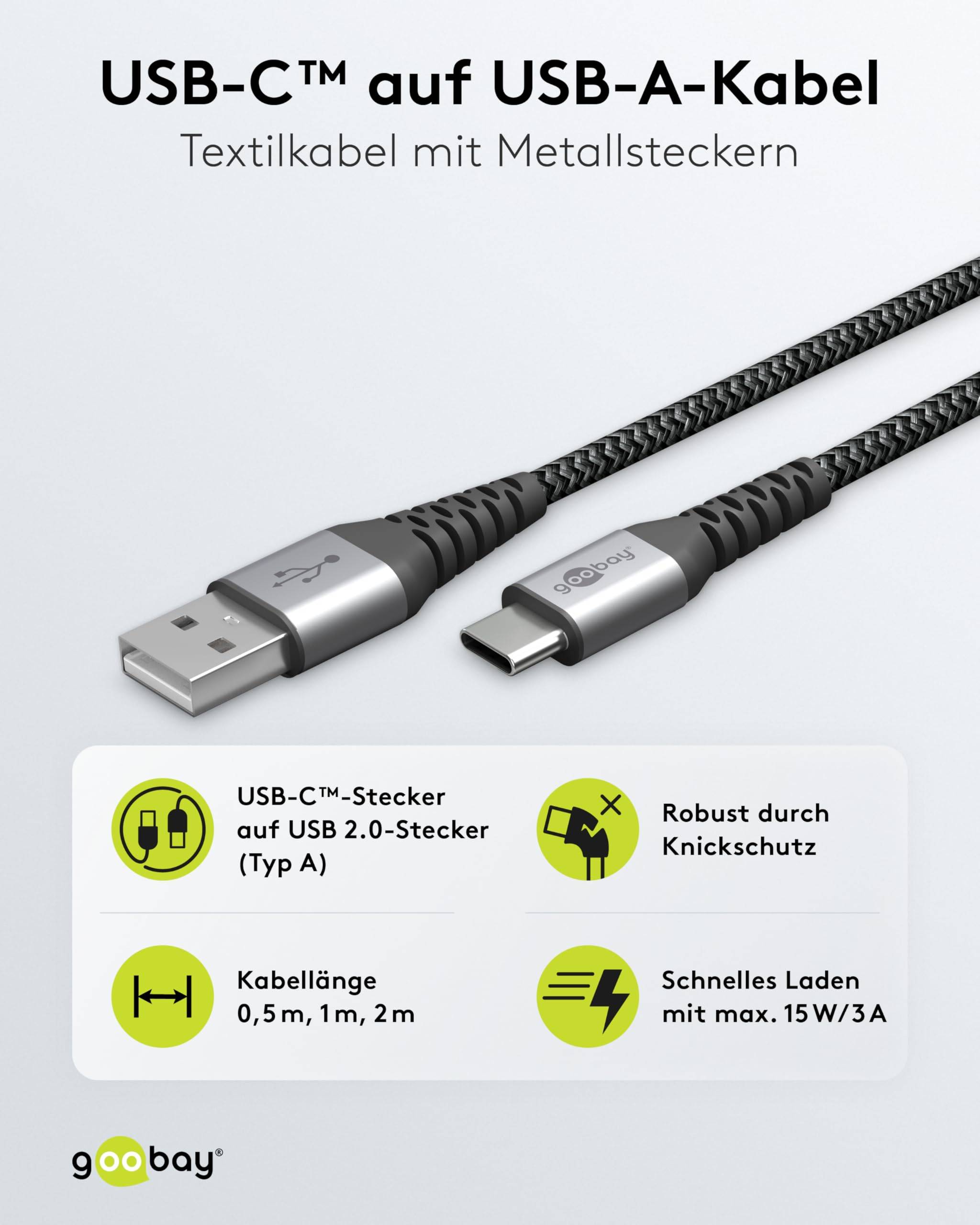 Goobay 49296 USB C auf USB A Kabel Handy Ladekabel Adapterkabel High Speed 480 Mbit/s Textilkabel Stoffkabel Grau 1m-1