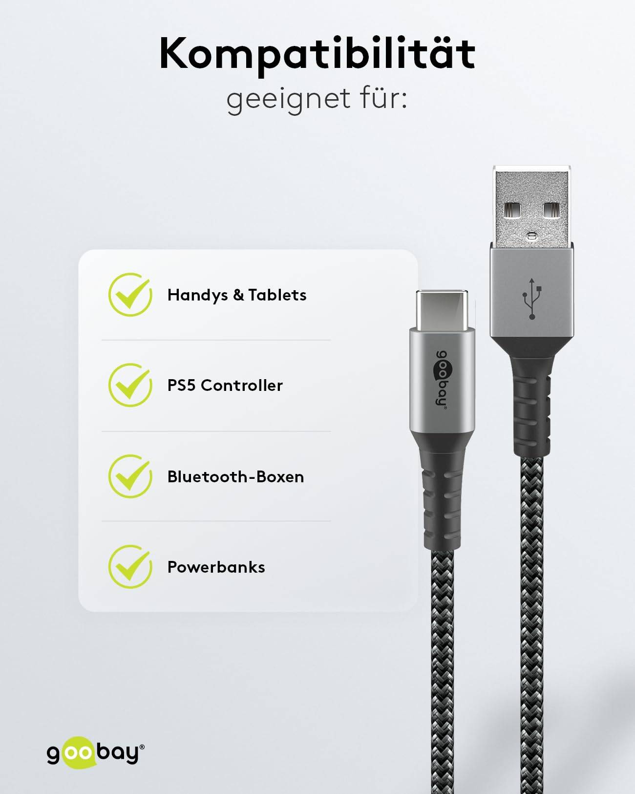 Goobay 49296 USB C auf USB A Kabel Handy Ladekabel Adapterkabel High Speed 480 Mbit/s Textilkabel Stoffkabel Grau 1m-4