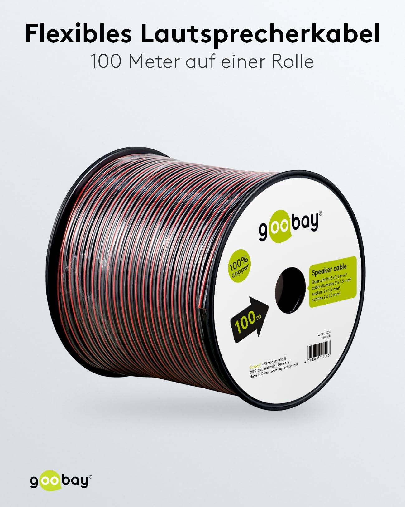 Goobay 15084 Lautsprecherkabel 2x 1,5mm² Kupferlitze / Audiokabel Boxenkabel Kupferkabel Meterware / Rot Schwarz / 100m-4