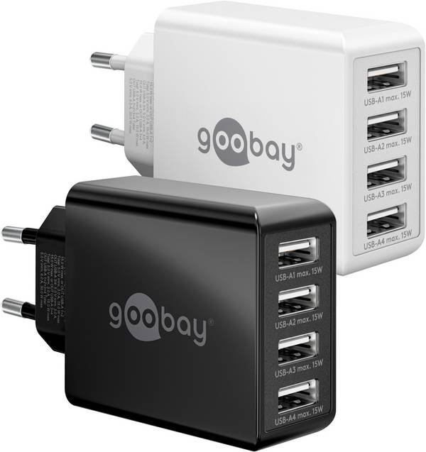 Goobay 44953 USB-A Netzteil 30W / 4fach Universal Ladegerät Apple Samsung / USB A Adapter / 4 Port Ladestecker / Schwarz