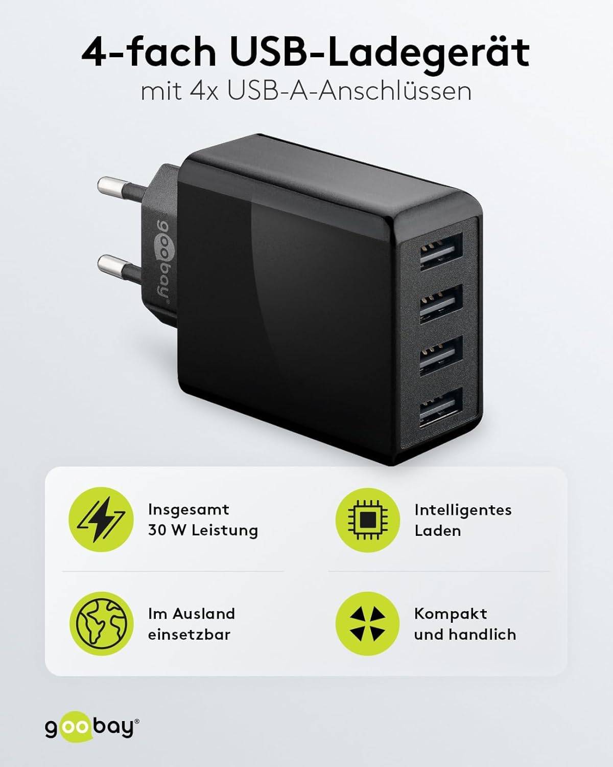 Goobay 44953 USB-A Netzteil 30W / 4fach Universal Ladegerät Apple Samsung / USB A Adapter / 4 Port Ladestecker / Schwarz-1