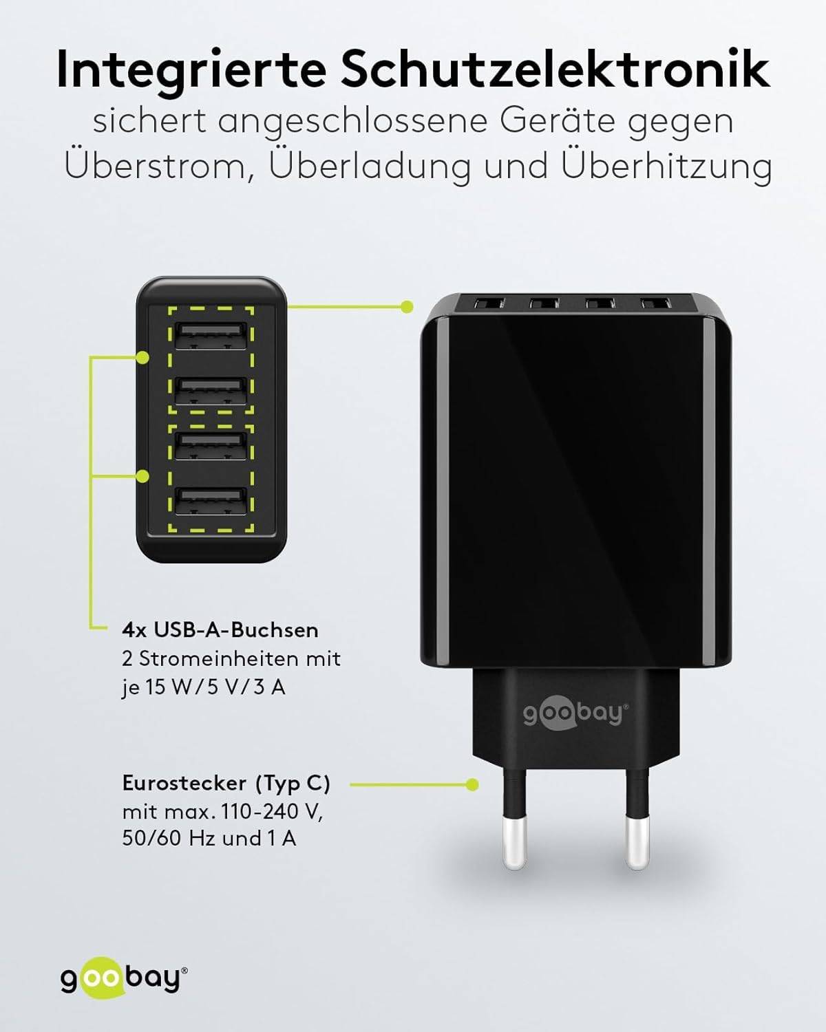 Goobay 44953 USB-A Netzteil 30W / 4fach Universal Ladegerät Apple Samsung / USB A Adapter / 4 Port Ladestecker / Schwarz-3