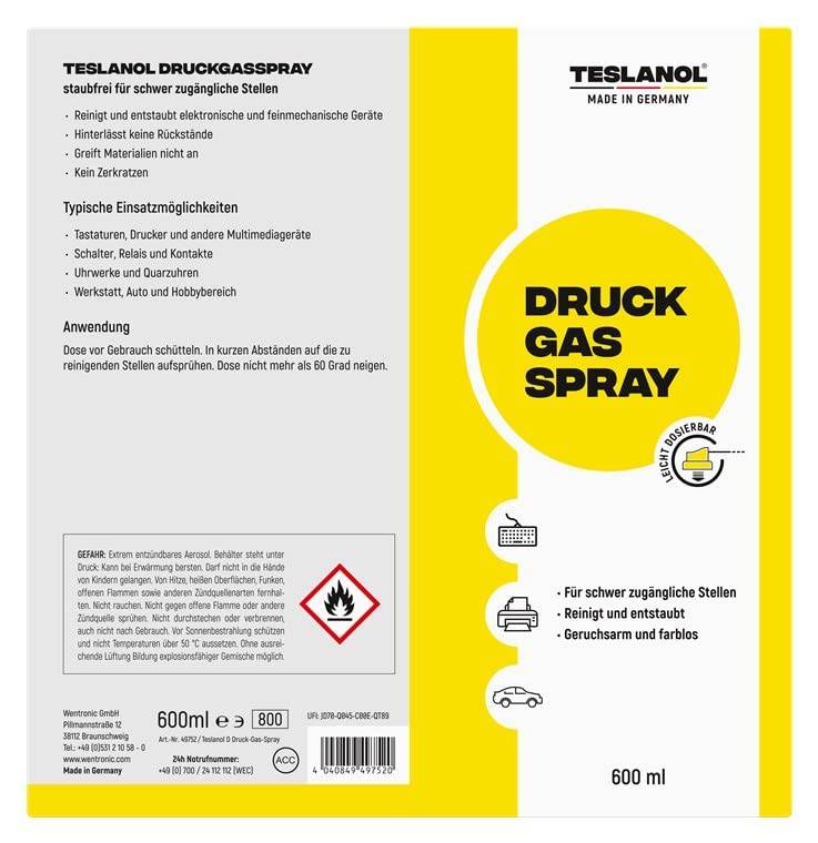 Teslanol 49752 Druckluftspray zum Reinigen & Entstauben von PC & Tastatur Druckluftreiniger Druckluft Spraydose 600 ml-3