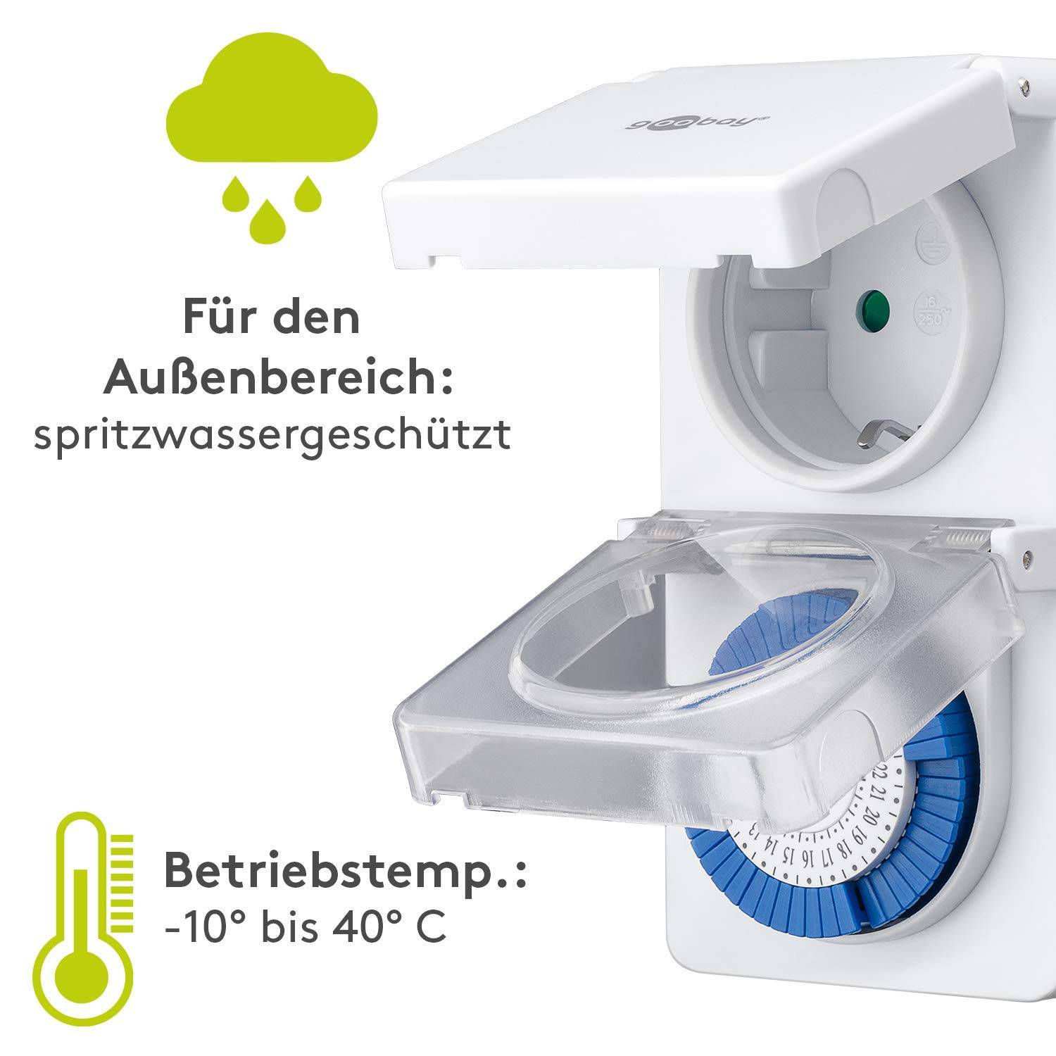 Goobay 73289 Outdoor Analoge Zeitschaltuhr 3500W / Außen Schaltuhr für Steckdose / Timer 30 Min Takt / IP44 Spritzwasser-3