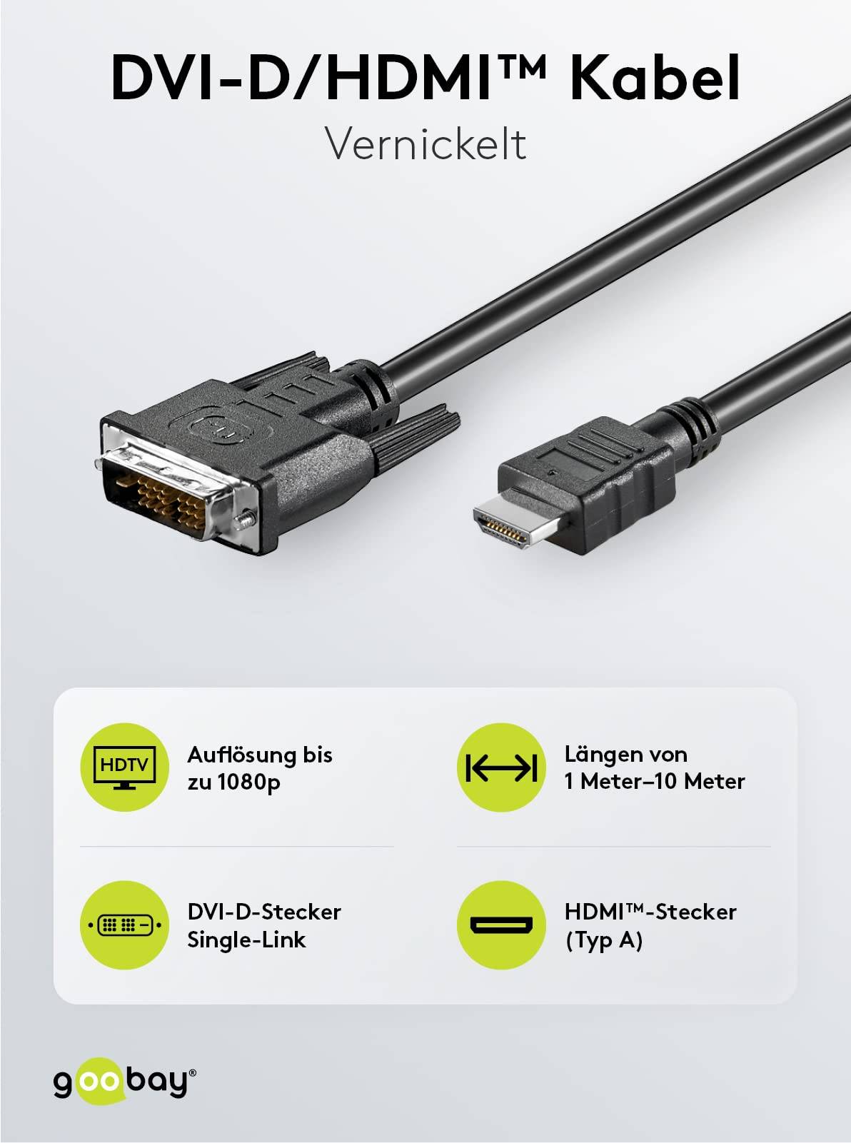 Goobay 50580 DVI auf HDMI Kabel Adapterkabel HD 1080p Monitorkabel Bildschirmkabel HDMI Adapter DVI-D 18+1 Schwarz 2m-1
