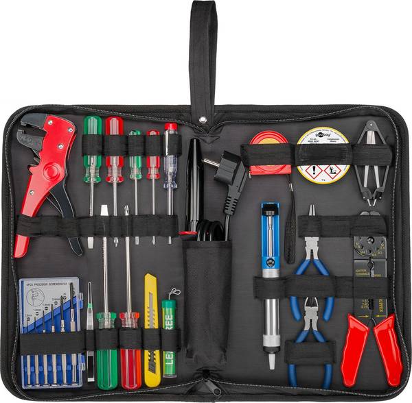 Goobay 45243 Lötkolben 30W Werkzeug Set Tasche / Entlötpumpe Lötzinn Lötfett / Schraubendreher Zange Crimpen / 20-teilig