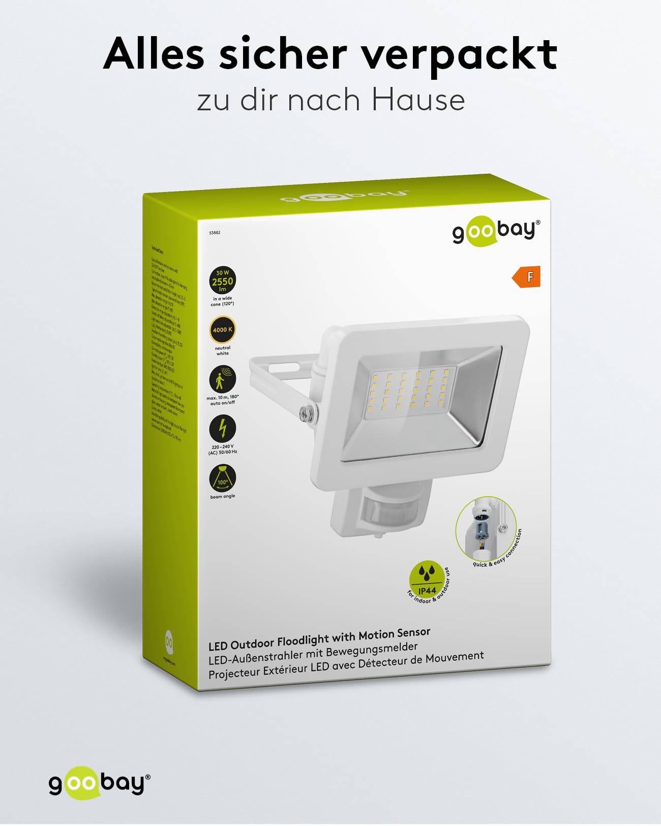 Goobay 53882 LED Außenstrahler Bewegungsmelder 30W / PIR Sensor / 2550lm Neutralweiß Scheinwerfer Außenleuchte / Weiß-6
