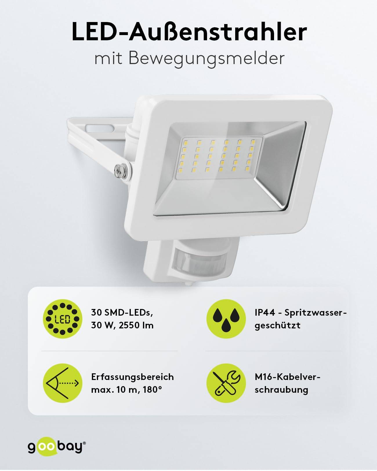 Goobay 53882 LED Außenstrahler Bewegungsmelder 30W / PIR Sensor / 2550lm Neutralweiß Scheinwerfer Außenleuchte / Weiß-1