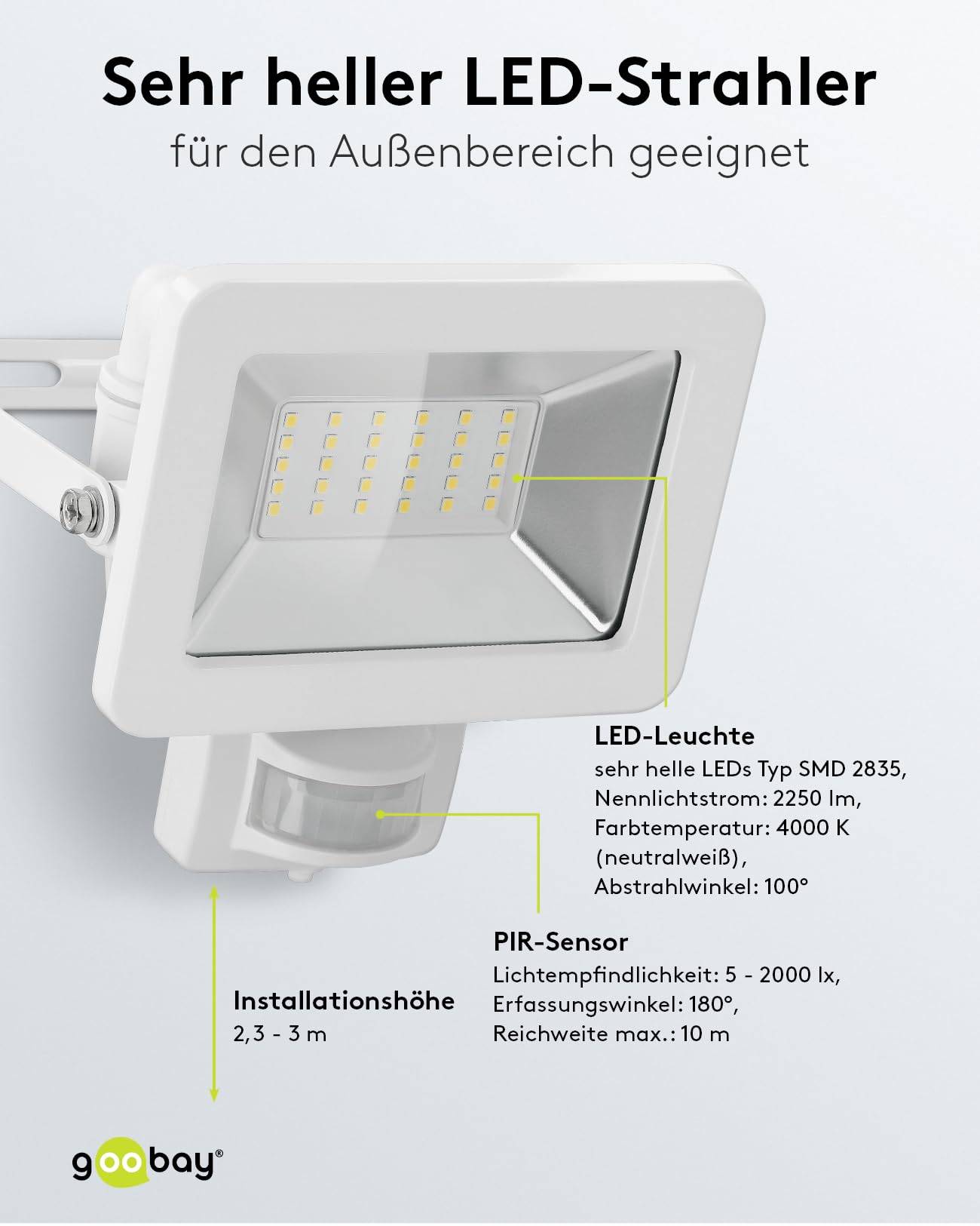 Goobay 53882 LED Außenstrahler Bewegungsmelder 30W / PIR Sensor / 2550lm Neutralweiß Scheinwerfer Außenleuchte / Weiß-3