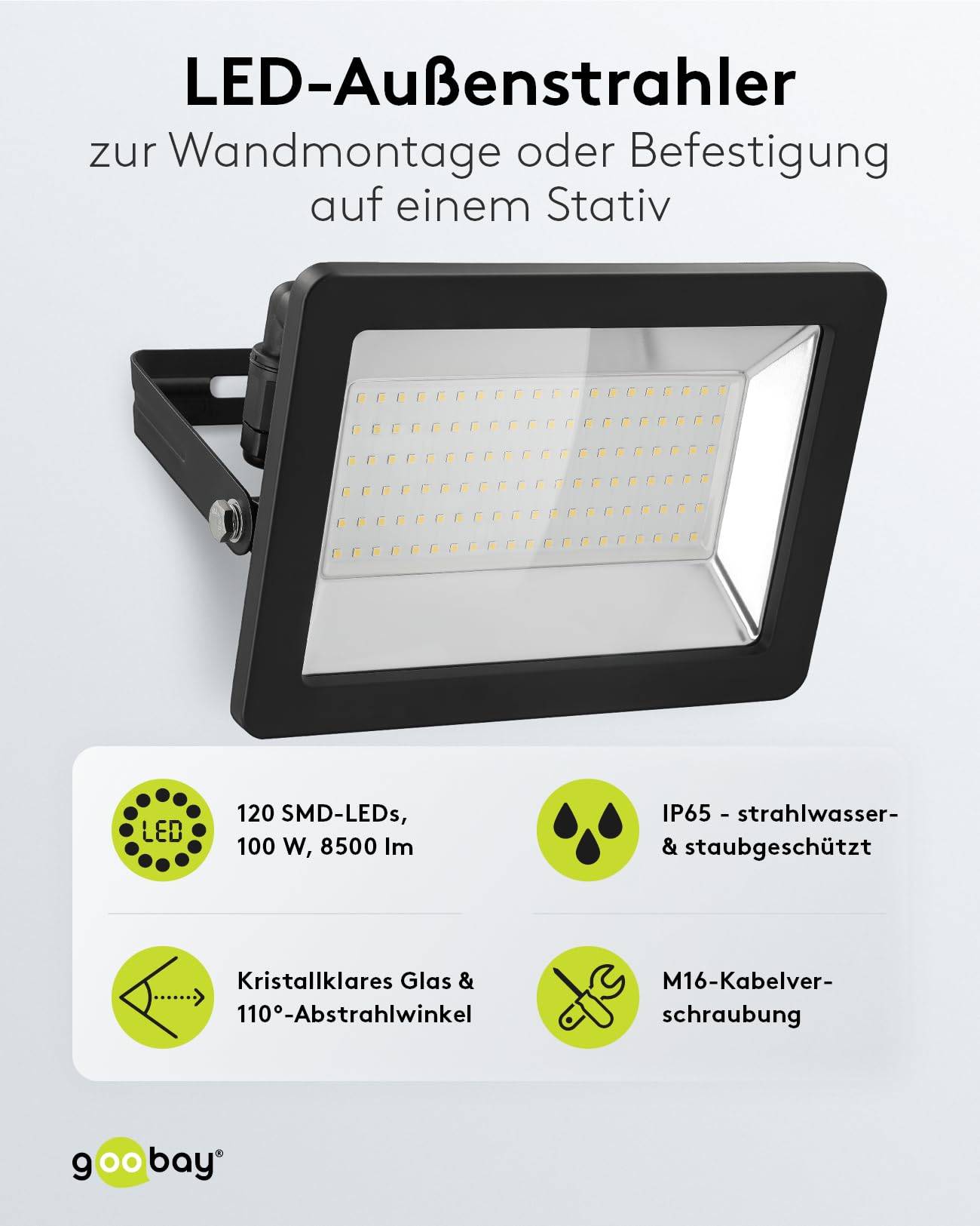 Goobay 53876 LED Strahler Außen 100W Außenstrahler 8500lm / Scheinwerfer Wandmontage Fluter / Gartenstrahler / Schwarz-1