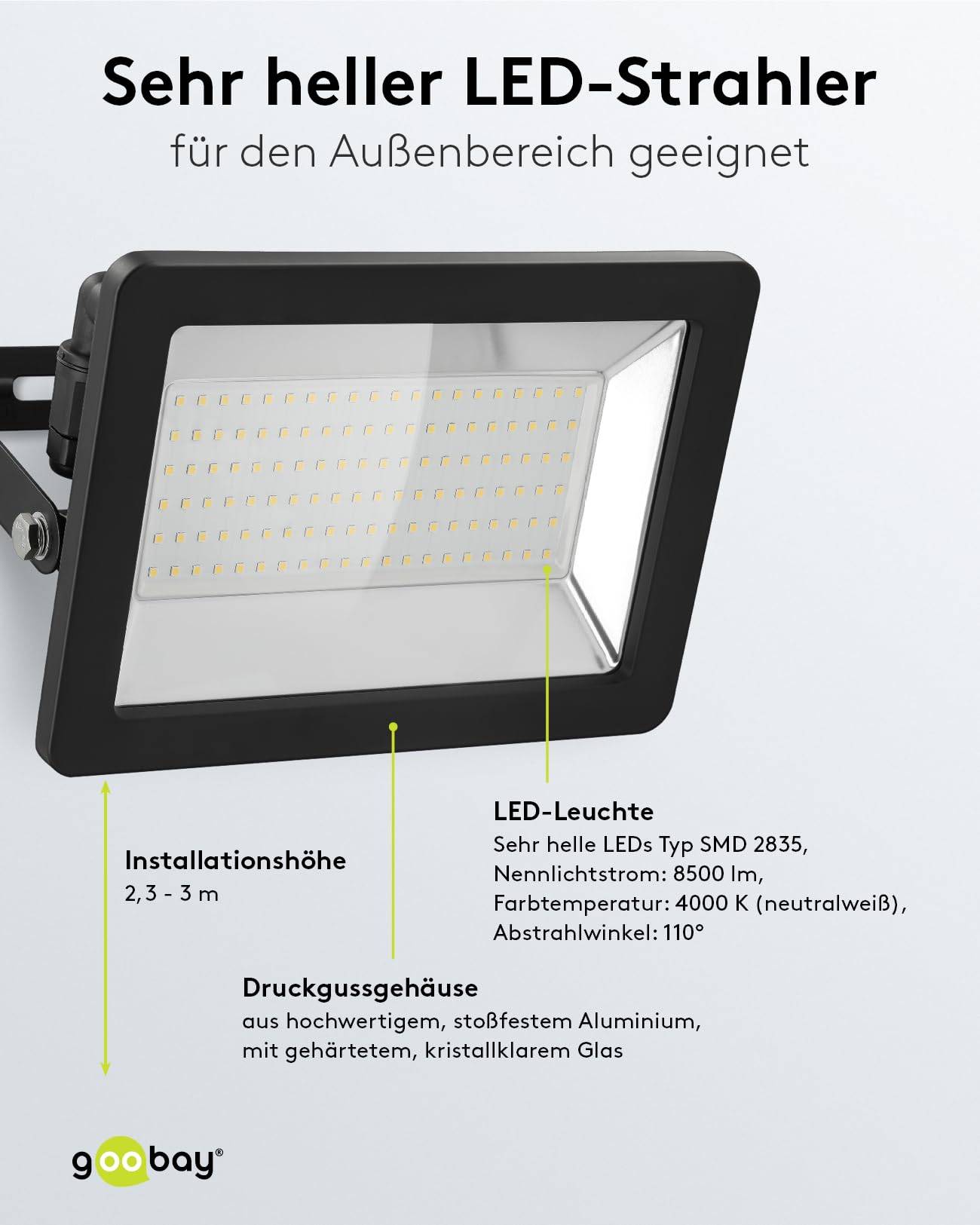 Goobay 53876 LED Strahler Außen 100W Außenstrahler 8500lm / Scheinwerfer Wandmontage Fluter / Gartenstrahler / Schwarz-3