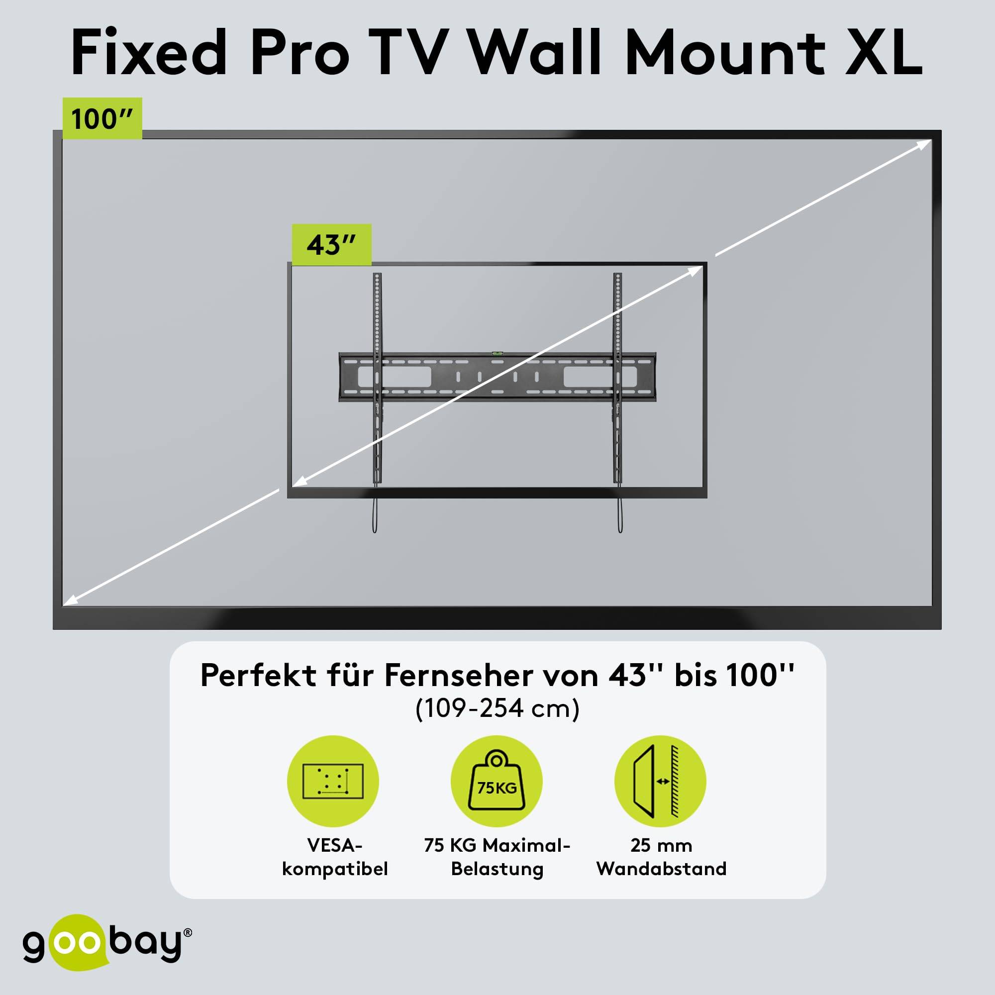 Goobay 49892 TV-Wandhalterung Pro FIXED 109 cm (43") - 254 cm (100") extrem flache Fernsehhalterung, VESA 900x600, 75 kg-1