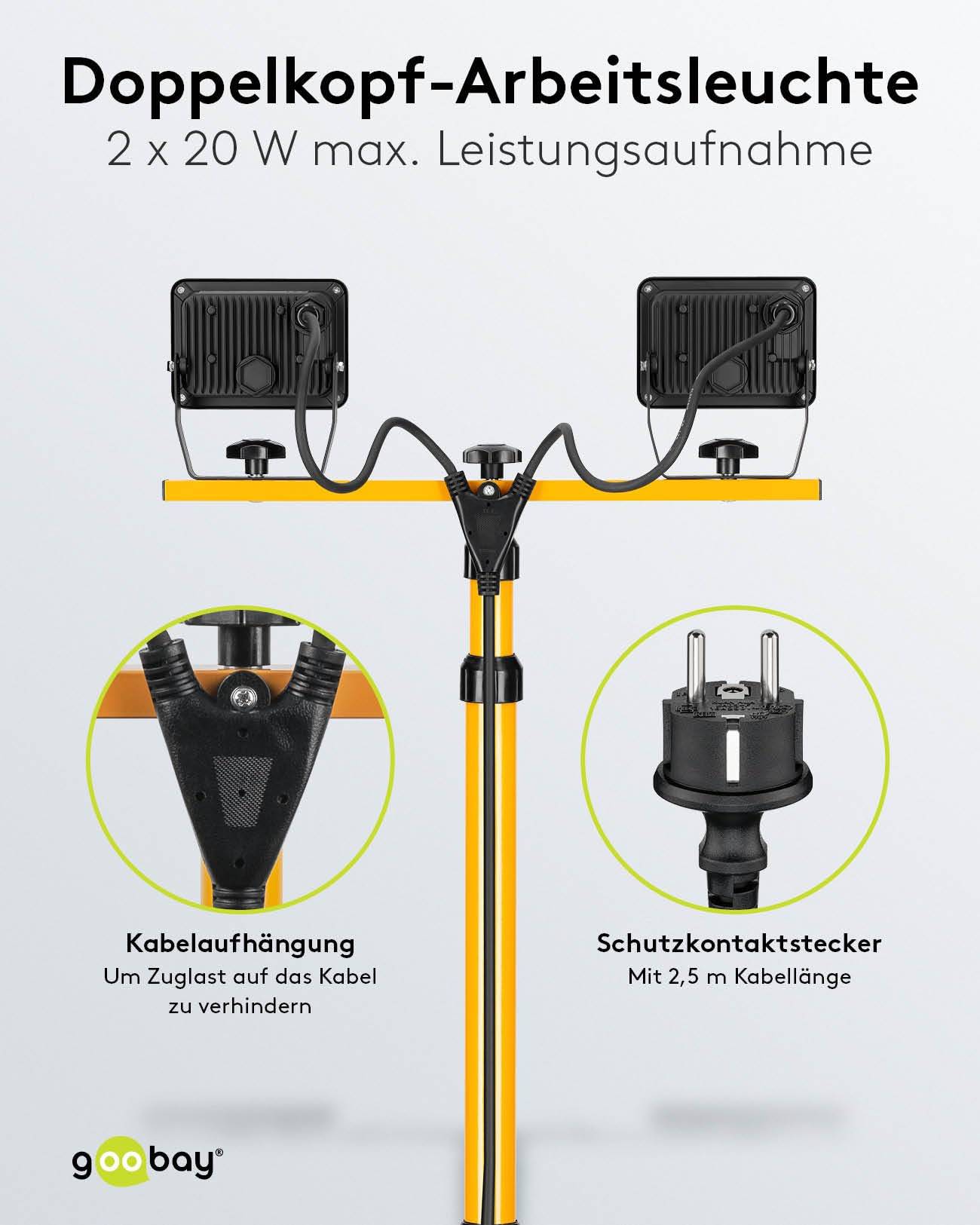 Goobay 57845 LED Baustrahler mit Stativ 2x 20W neutralweiß Flutlicht IP65 Baulampe Baustellenstrahler Schwarz Gelb-5