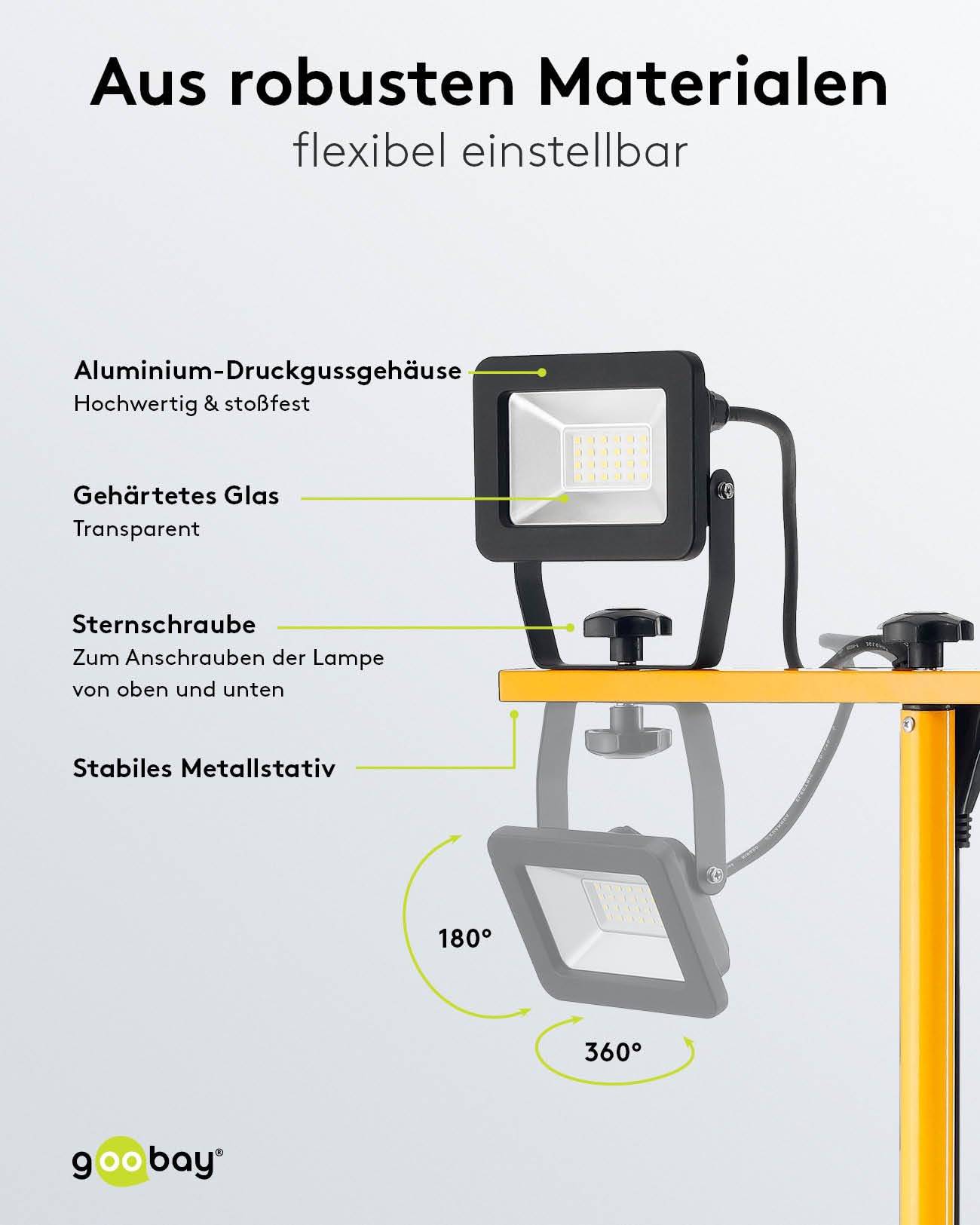 Goobay 57845 LED Baustrahler mit Stativ 2x 20W neutralweiß Flutlicht IP65 Baulampe Baustellenstrahler Schwarz Gelb-6