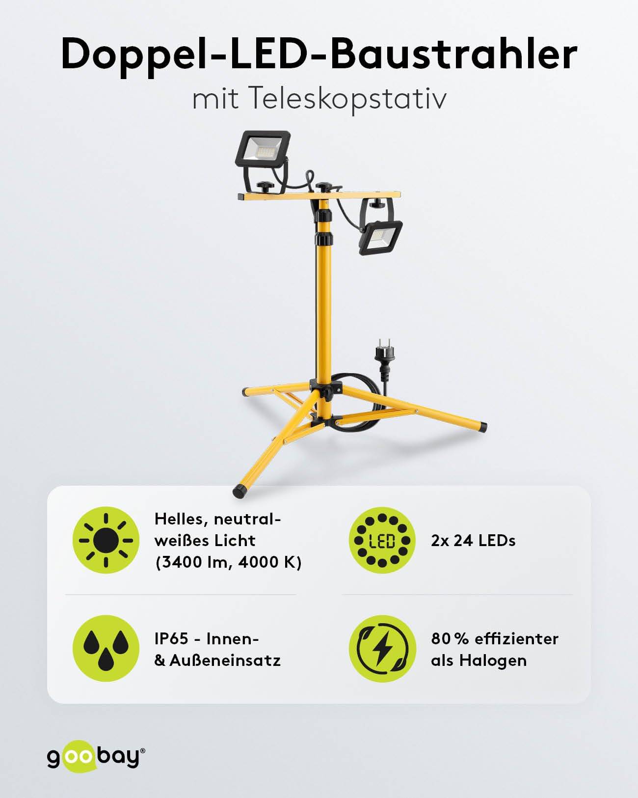 Goobay 57845 LED Baustrahler mit Stativ 2x 20W neutralweiß Flutlicht IP65 Baulampe Baustellenstrahler Schwarz Gelb-1