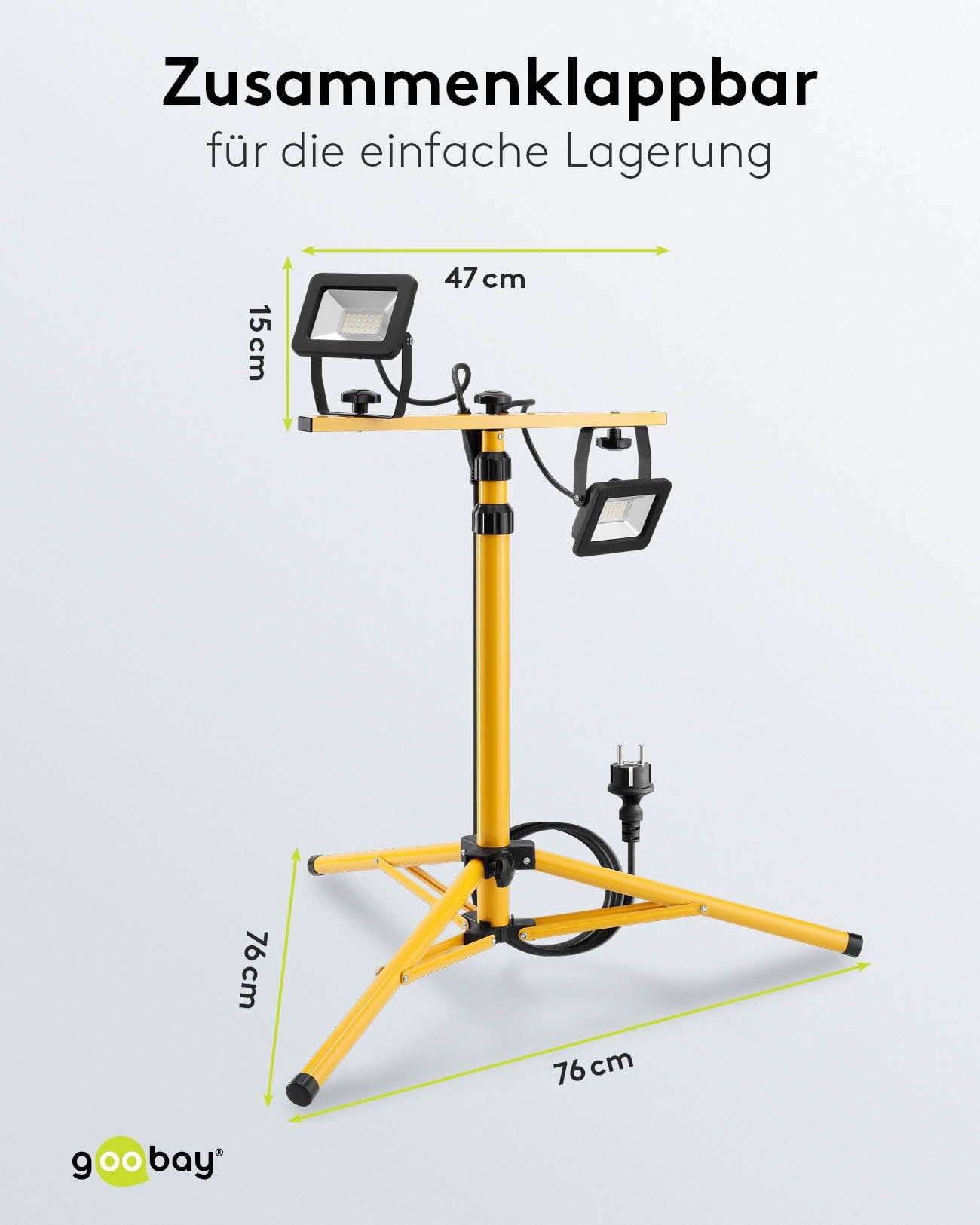 Goobay 57845 LED Baustrahler mit Stativ 2x 20W neutralweiß Flutlicht IP65 Baulampe Baustellenstrahler Schwarz Gelb-3