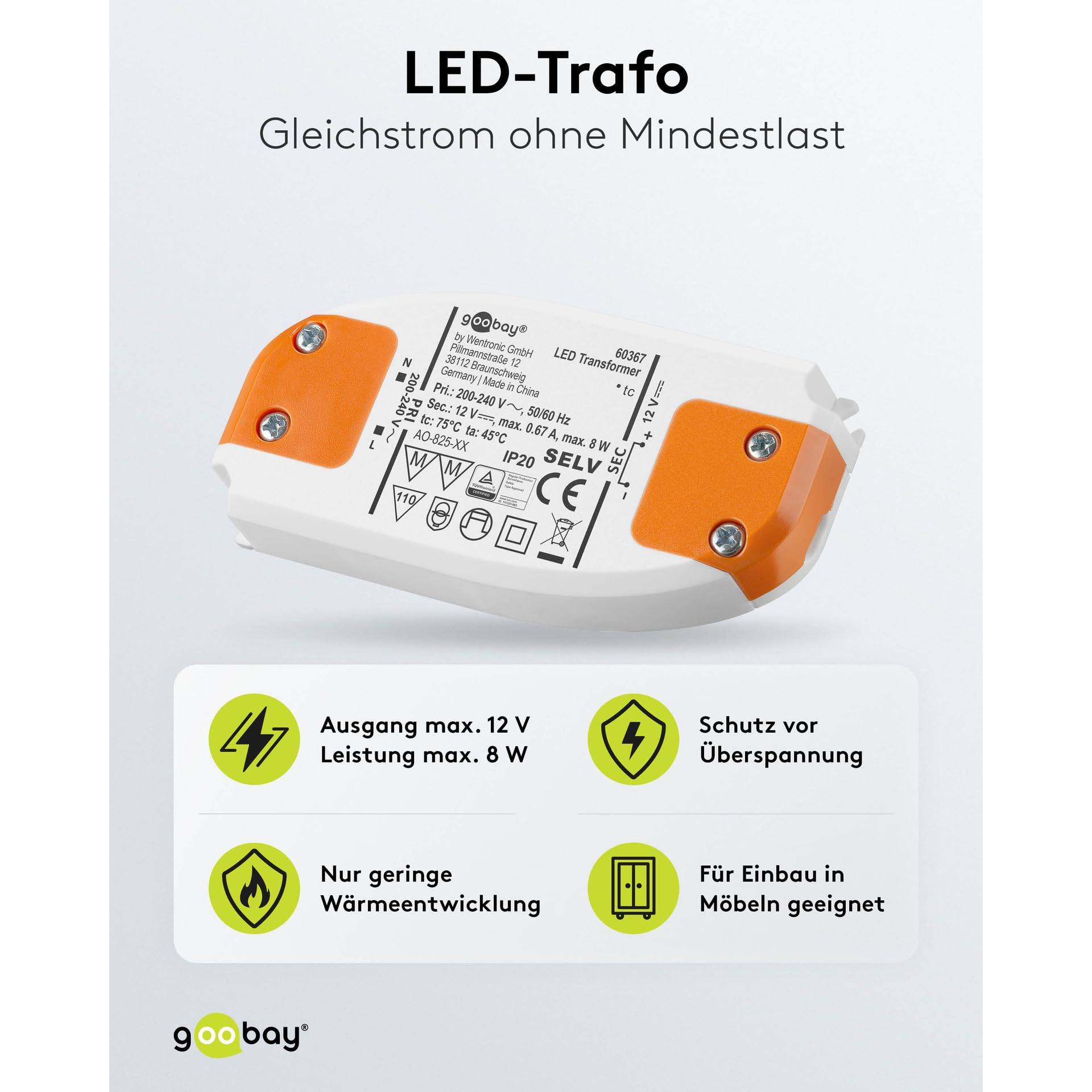 Goobay 60367 LED Trafo 230 V auf 12 V Gleichspannung (DC) für 8W LED Beleuchtung LED Treiber Konstantstromquelle-2