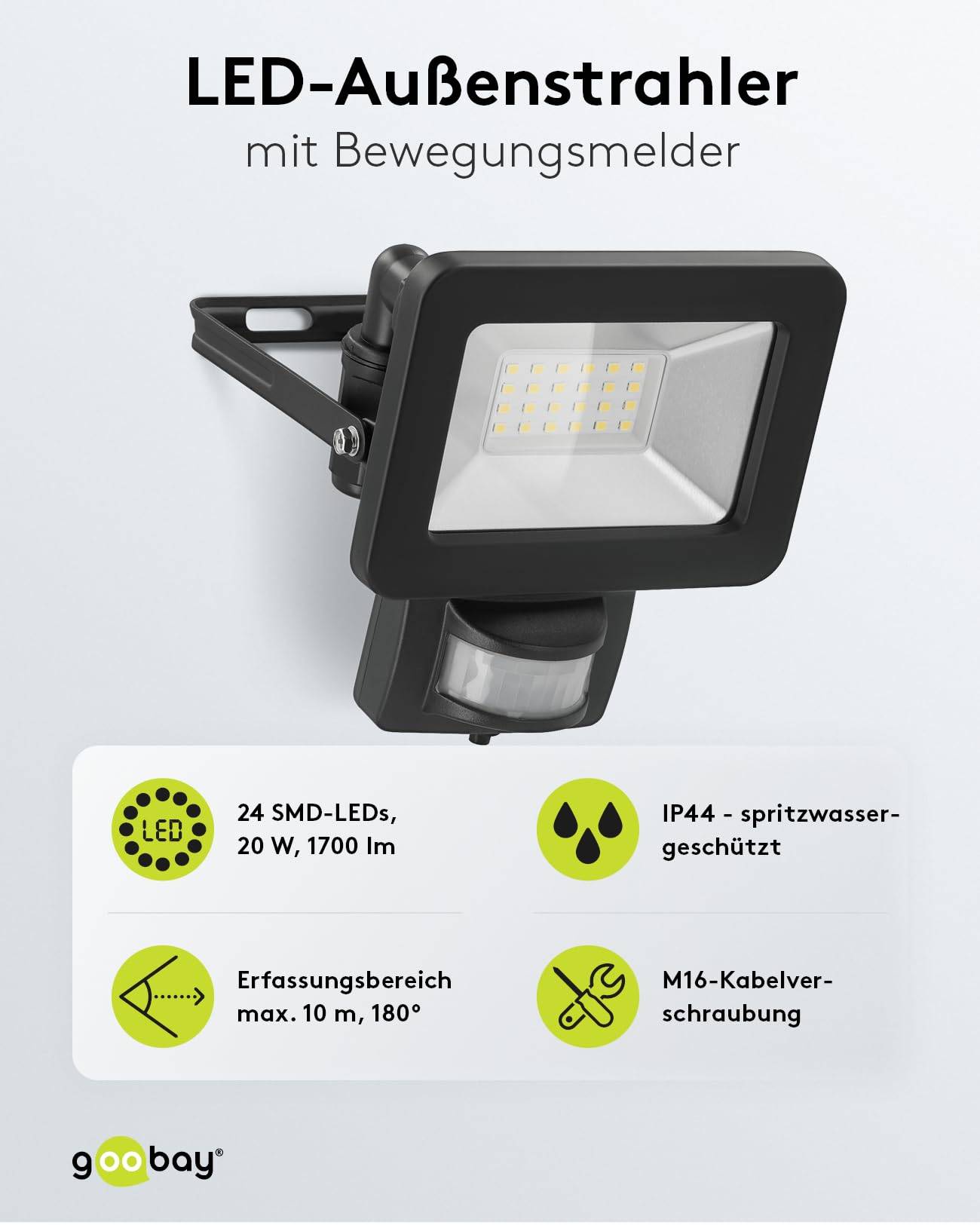 Goobay 53879 LED Außenstrahler Bewegungsmelder 20W / PIR Sensor / 1700lm Neutralweiß Scheinwerfer Außenleuchte / Schwarz-1