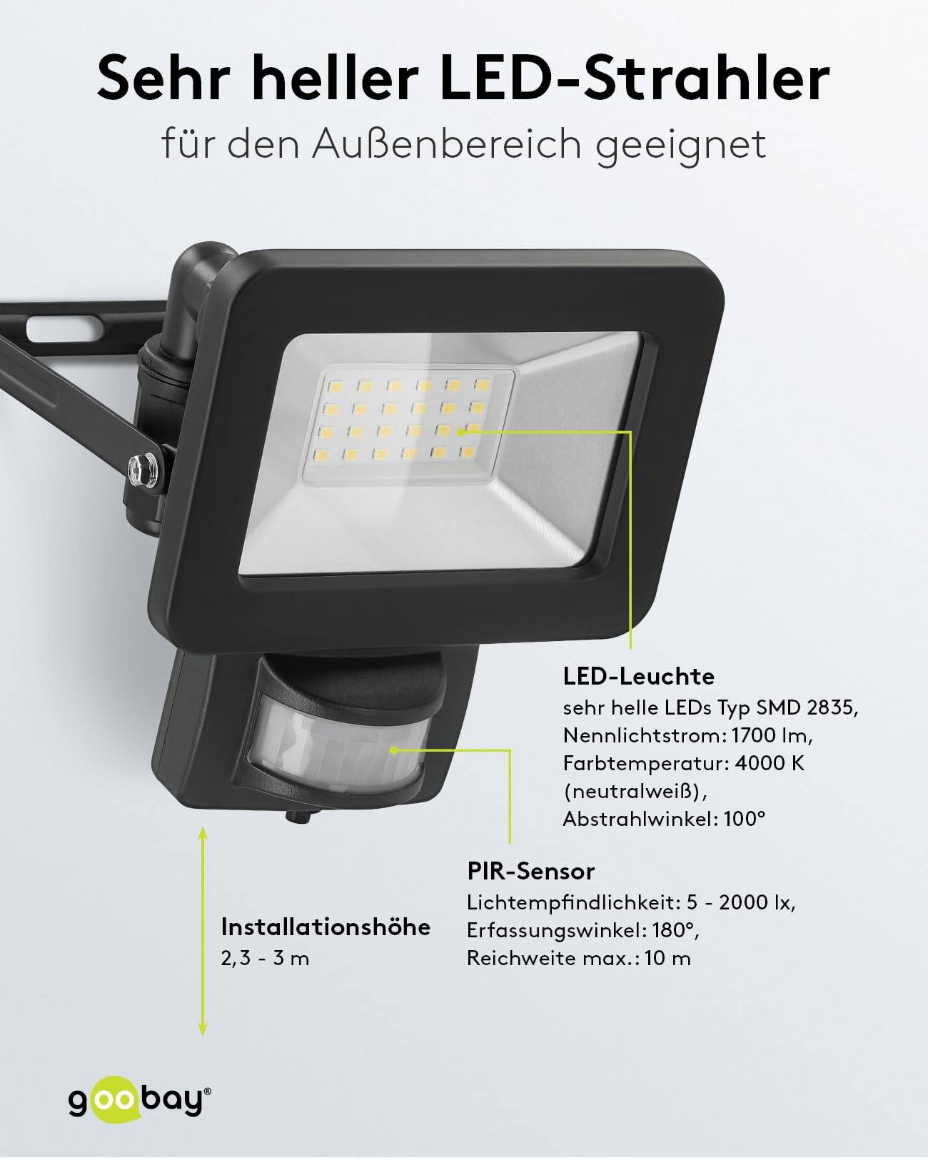 Goobay 53879 LED Außenstrahler Bewegungsmelder 20W / PIR Sensor / 1700lm Neutralweiß Scheinwerfer Außenleuchte / Schwarz-3