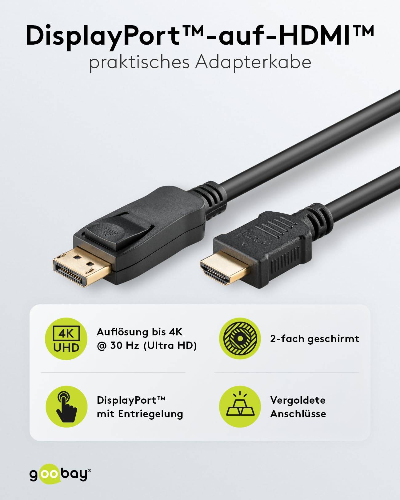 Goobay 64836 DisplayPort auf HDMI Kabel UHD 4K @ 30 Hz Adapterkabel DP Stecker Monitorkabel Bildschirmkabel Schwarz 2m-1
