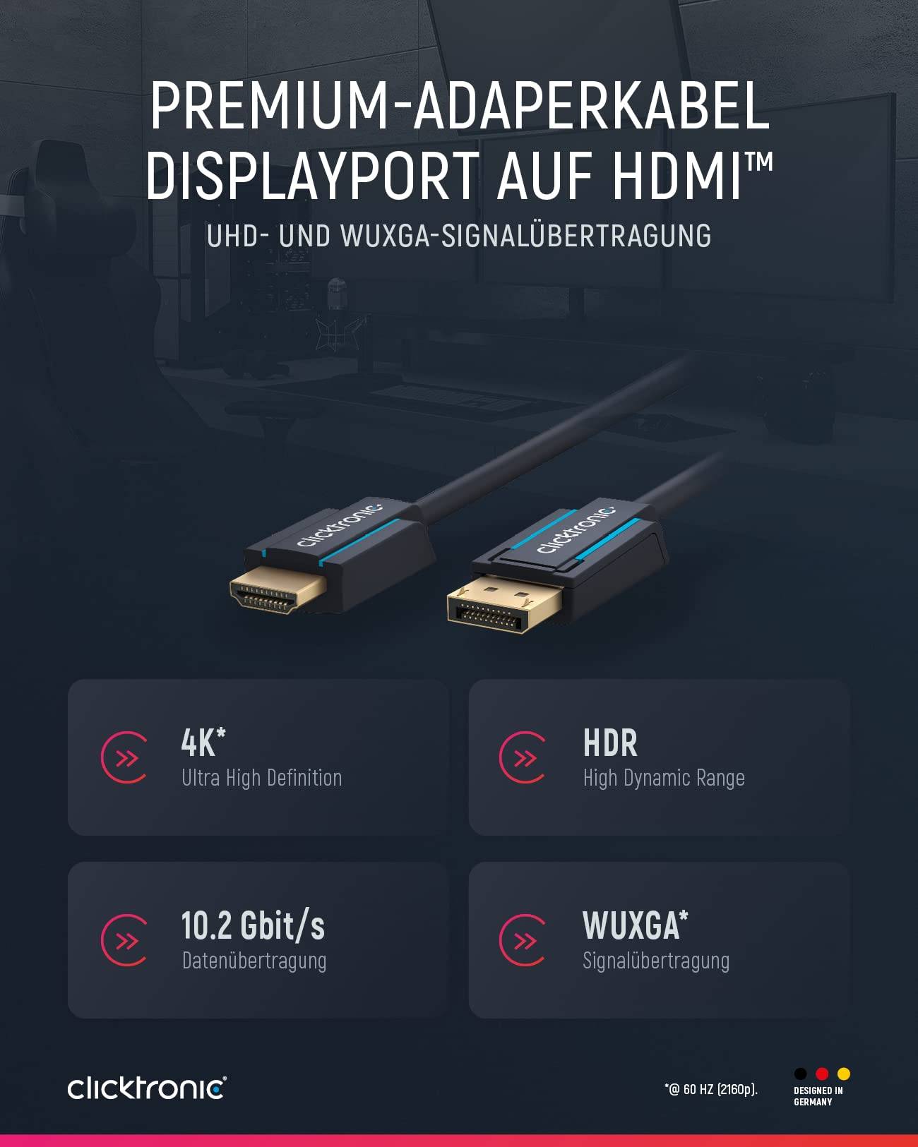 Clicktronic 44924 Aktives DisplayPort auf HDMI Adapterkabel 4K @ 60 Hz Monitorkabel DP Stecker Bildschirmkabel Grau 2m-1