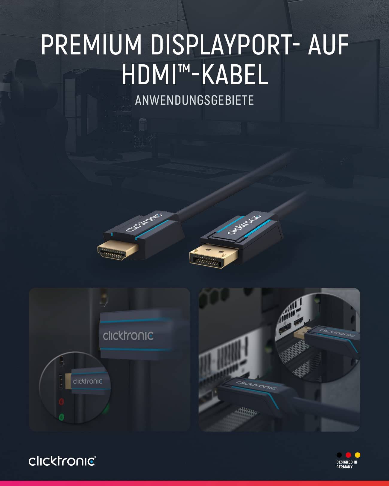 Clicktronic 44924 Aktives DisplayPort auf HDMI Adapterkabel 4K @ 60 Hz Monitorkabel DP Stecker Bildschirmkabel Grau 2m-3