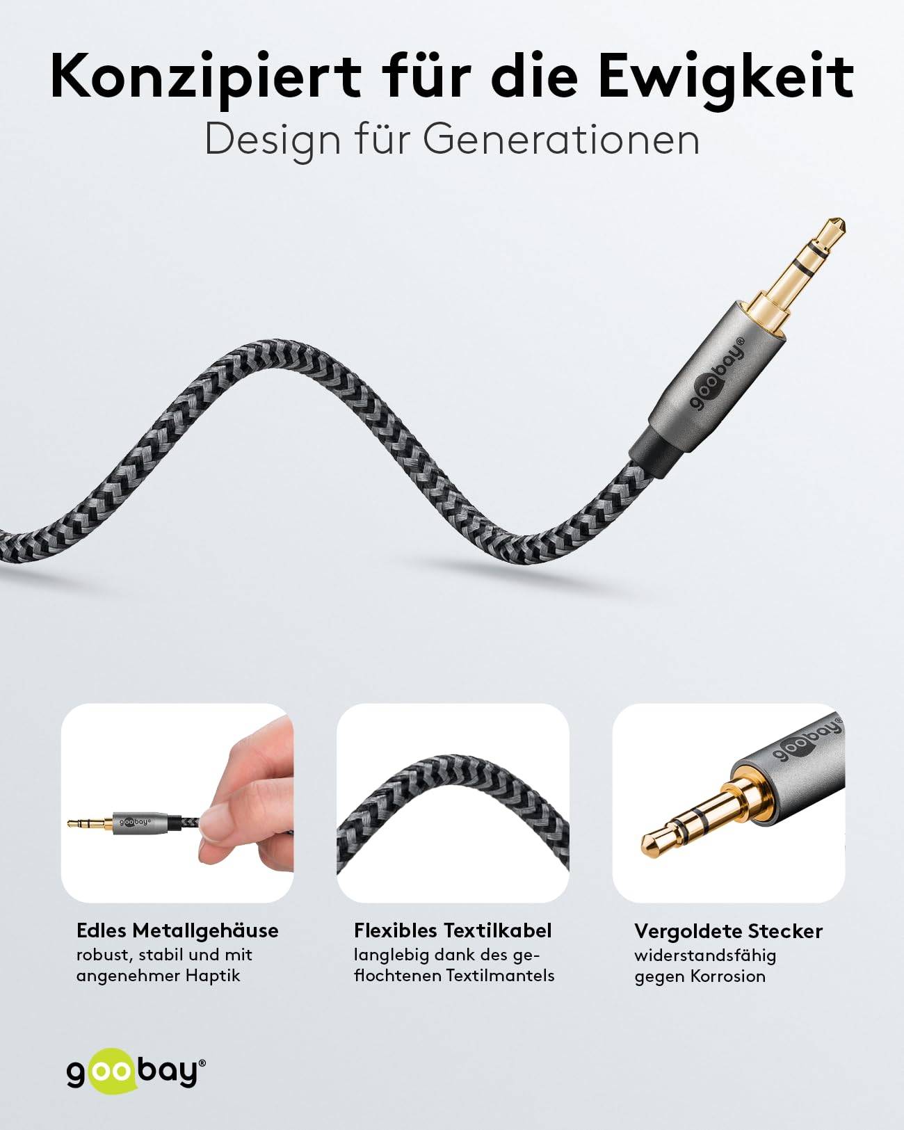 Goobay Plus 65275 AUX Kabel 3,5 mm Klinkenstecker / Klinke Audiokabel Klinkenkabel / Textilkabel Shark Skin / Grau / 3m-3