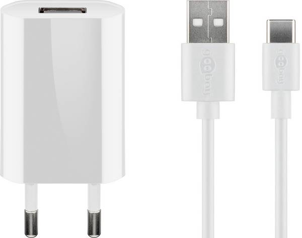 Goobay 45300 USB-A Netzteil 5W / USB-C Ladekabel / Universal Ladegerät 1 Port / USB Adapter 5V 1A / Weiß / Kabel 1m