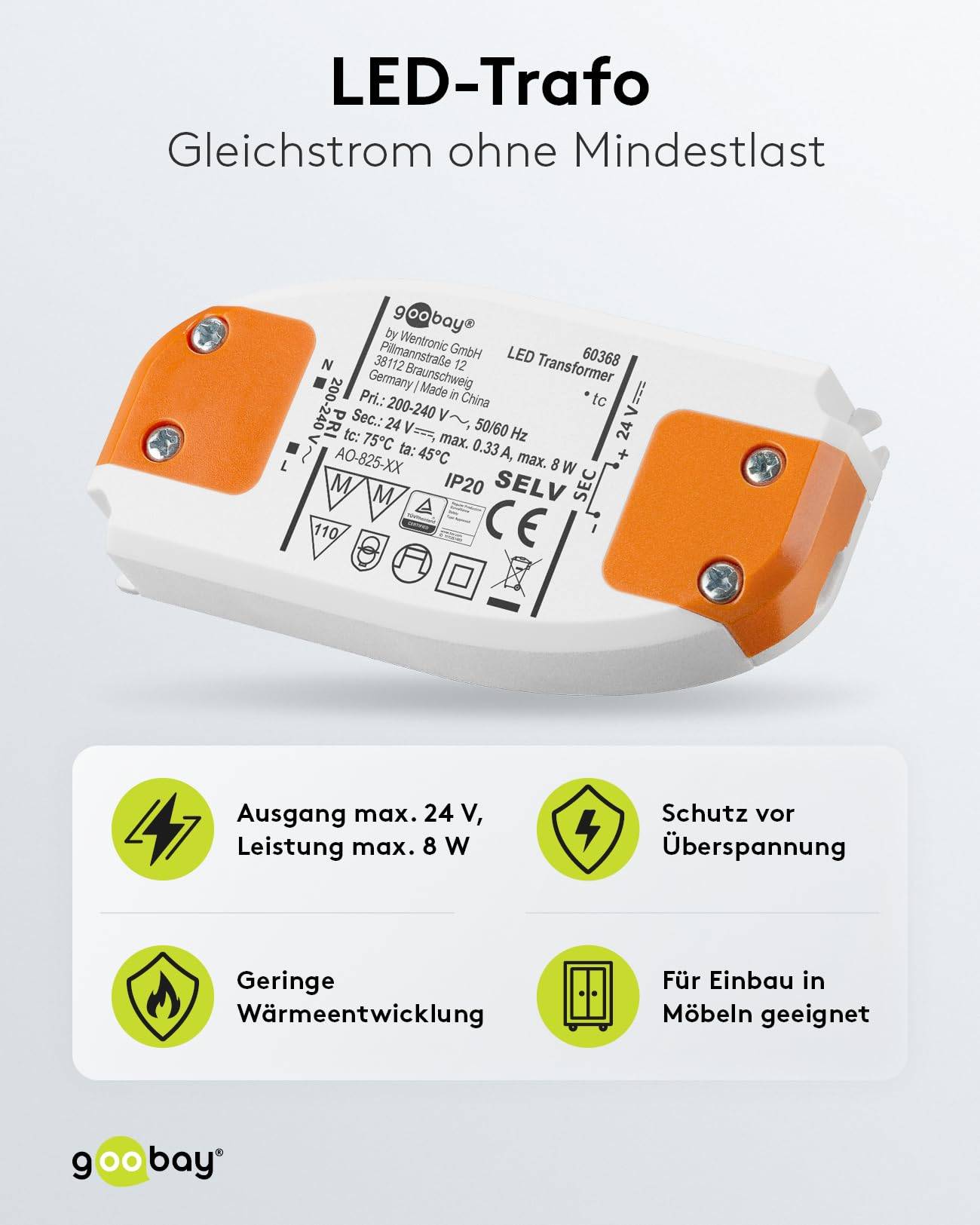 Goobay 60368 LED Trafo 230 V auf 24 V Gleichspannung (DC) für 8W LED Beleuchtung LED Treiber Konstantstromquelle-1